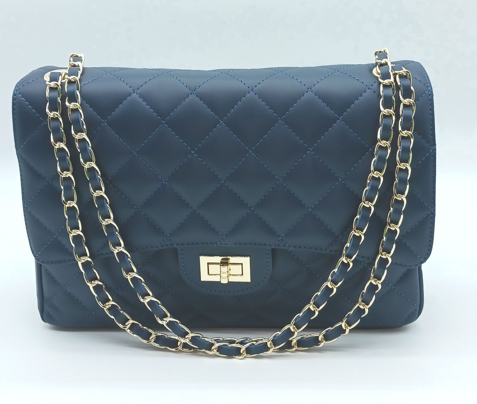 Italian Genuine Leather Quilted Handbag (X-Large) – Made In Italy – Dark Blue