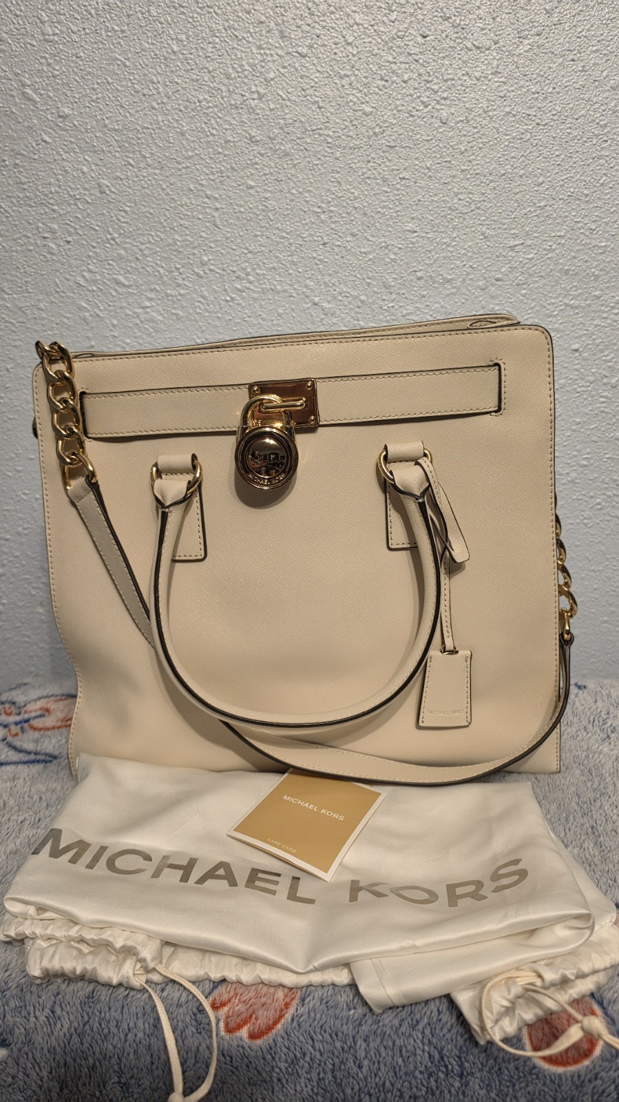 Michael Kors Beige Satchel Top Handle Bag Gold Hardware Zip Padlock w/ Dust Bag