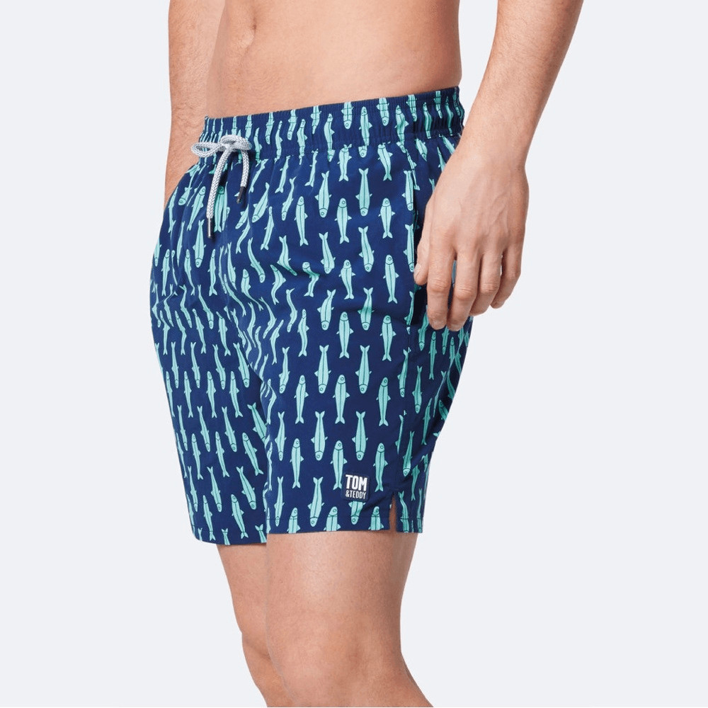Tom & Teddy Classic Swim Shorts Ink Blue & Green Sardines Mens size Small