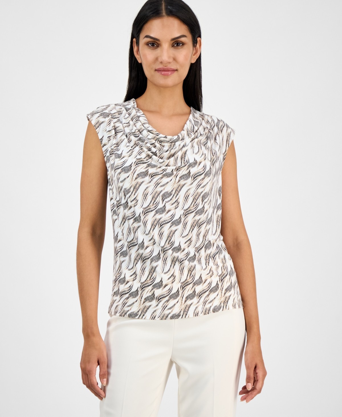 Anne Klein Printed Cowl Neck Cap-Sleeve Top Women’s S White Pullover Srtyle S/S