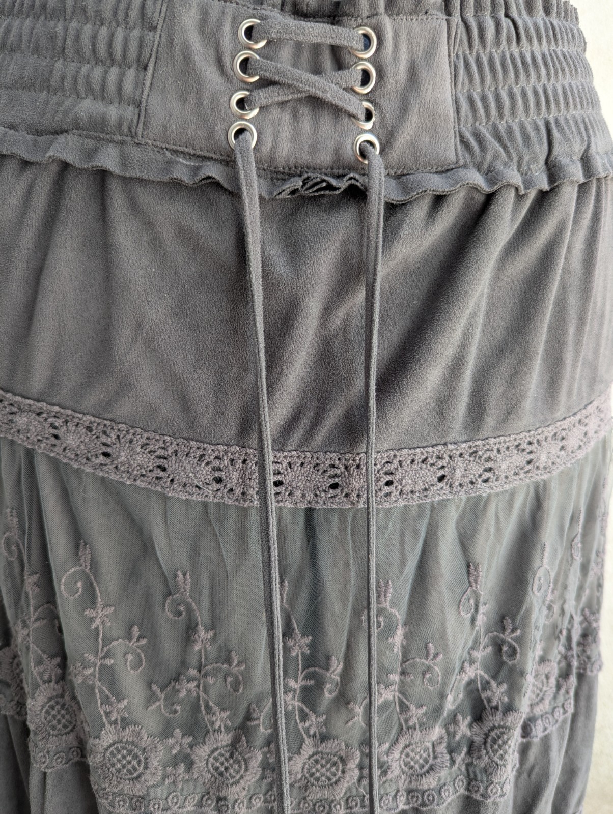 Dark Gray Gothic Witch Tiered Lace Skirt Built-In Corset Waist Belt