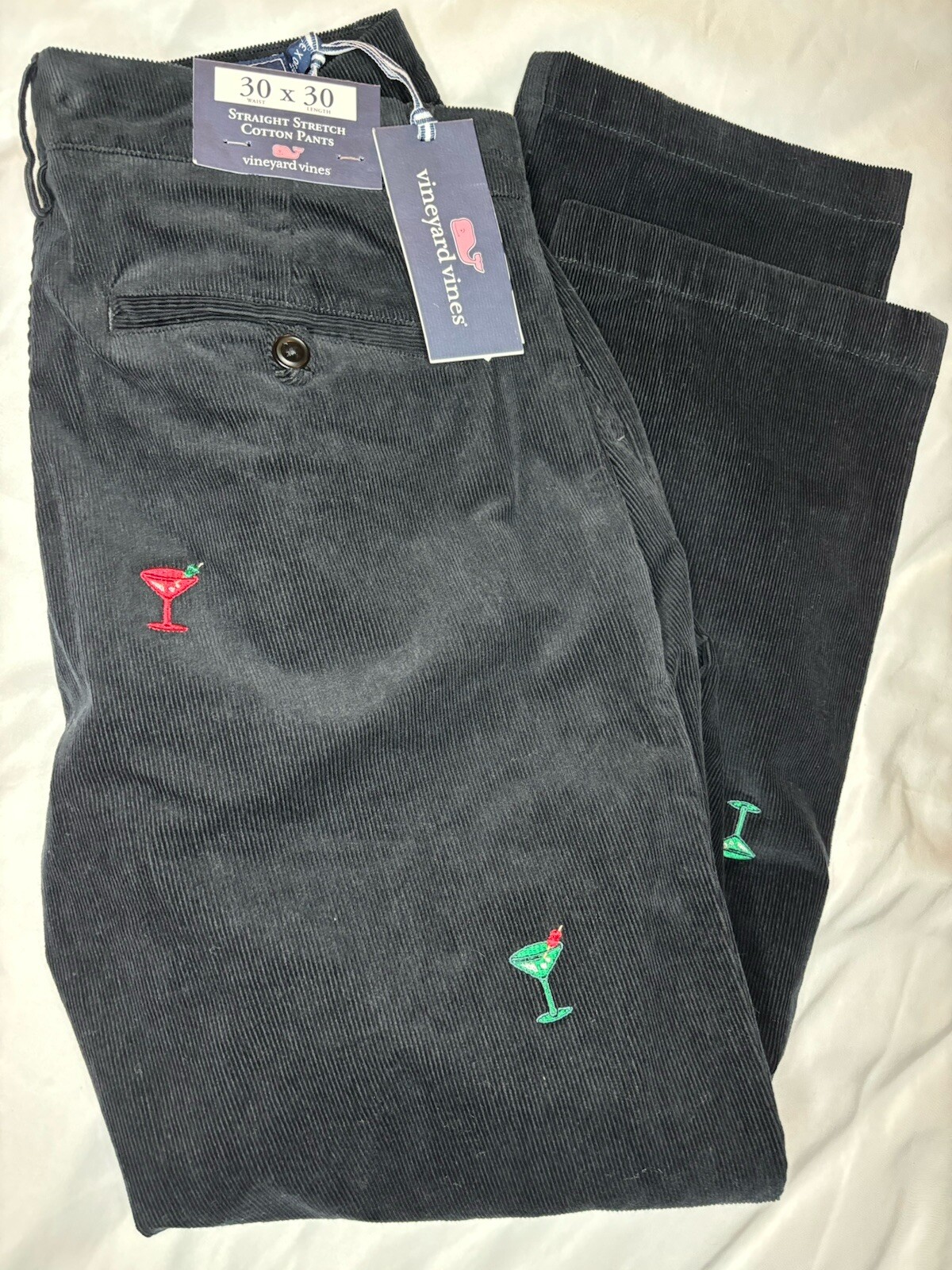 Vineyard Vines Corduroy Pants Mens 30×30 Black Allover Martini Print Stretch NEW