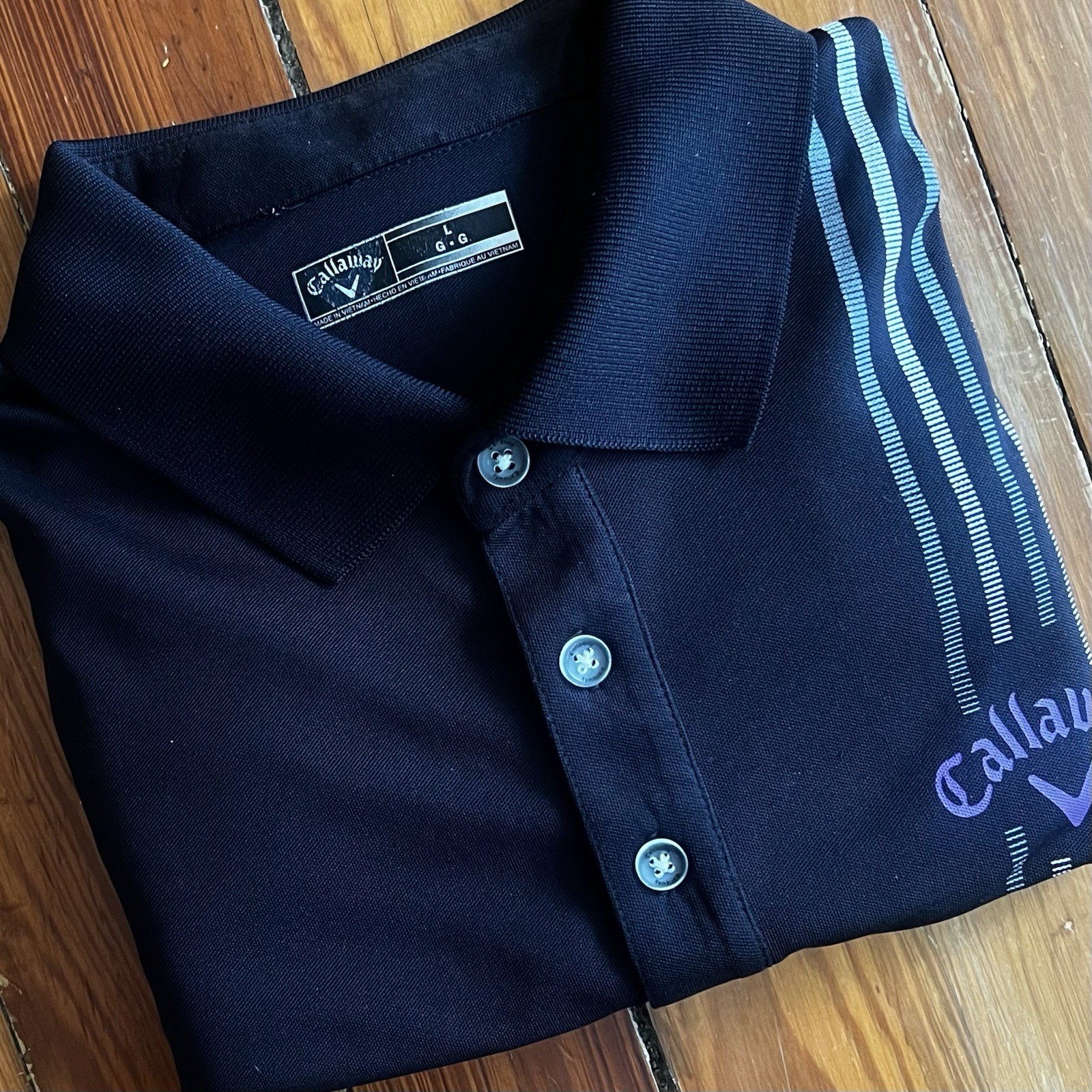 Callaway Golf Performance Long Sleeve Polo Shirt Men’s Size L Black Purple Strip