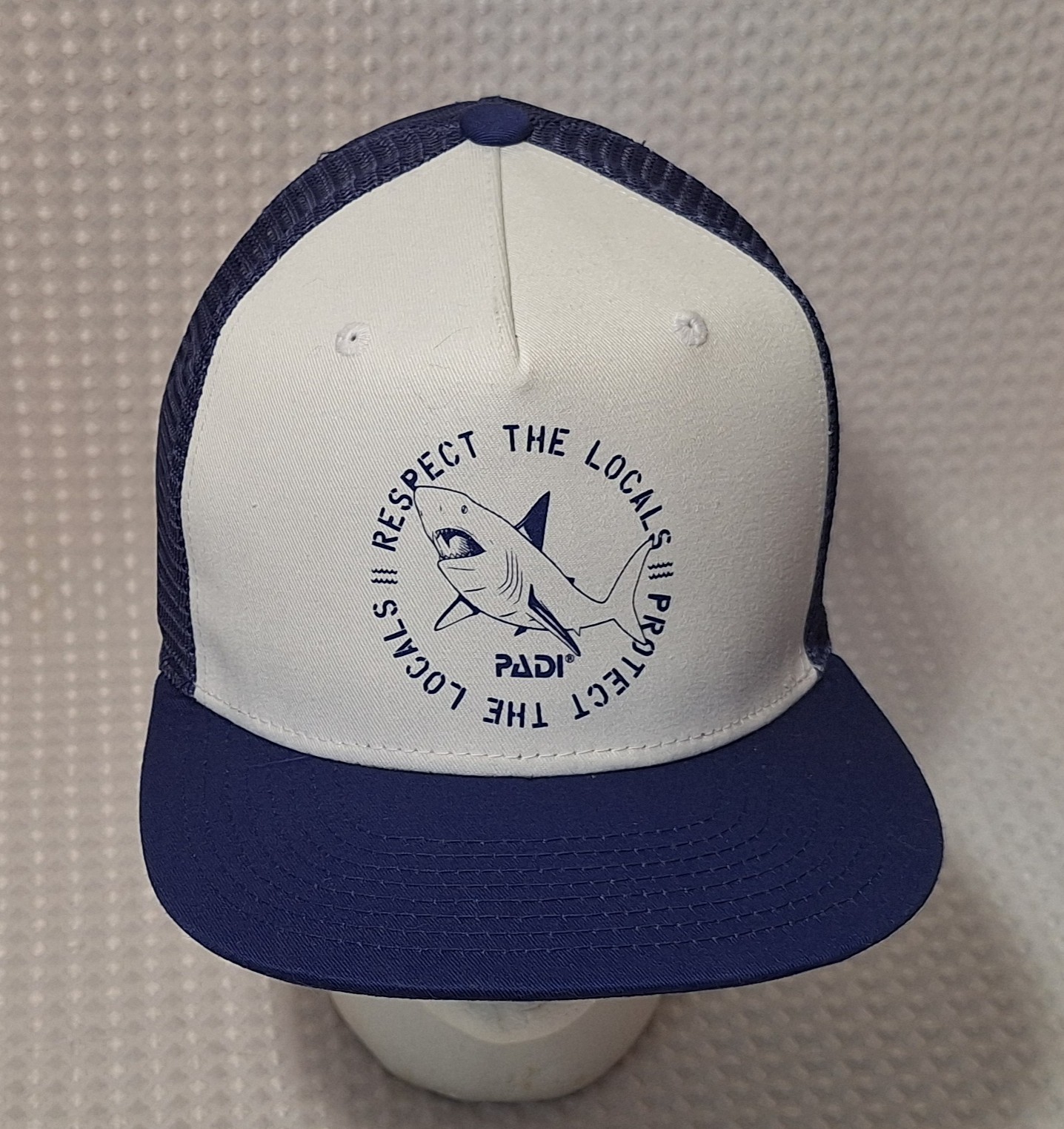 PADI Respect The Locals Shark White Blue Cap Hat Ocean Bound Plastic Diving New