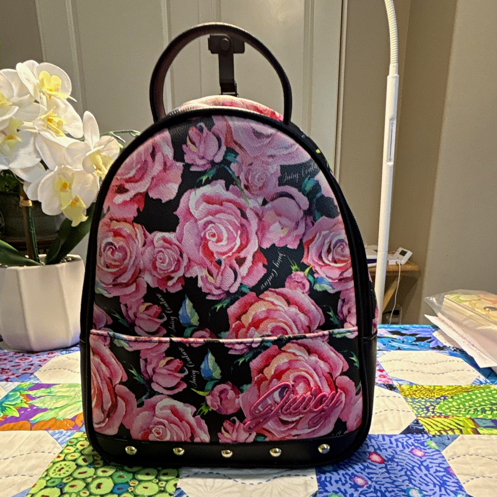 Juicy Couture Floral Rose Print Small Backpack Black/Pink Gold Studs Zip