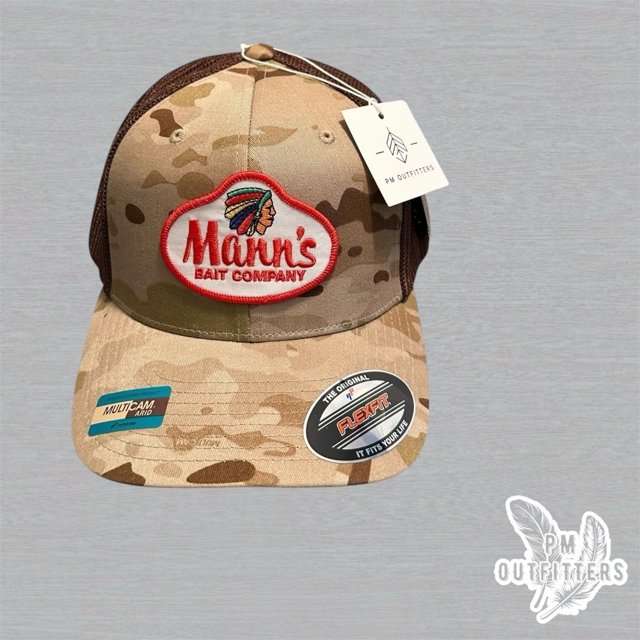 Mann’s Bait Co Trucker Hat, Retro Fishing Patch on Yupoong Flexfit Multicam