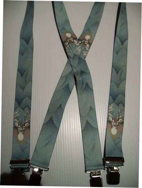 Men’s Suspenders, X Style Deer on Blue, Clip-On and Belt Loop Snap-Ons, USA-Made