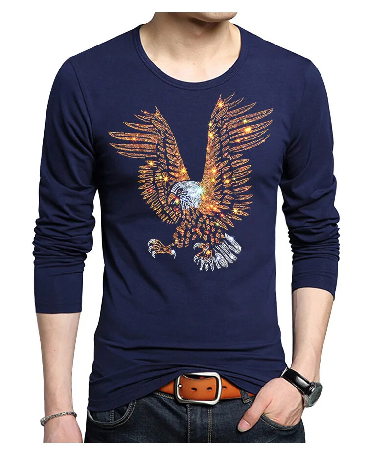Fashion Trend Eagle Rhinestones Streetwear Long Sleeve Luxury Men V-Neck T-Shirt