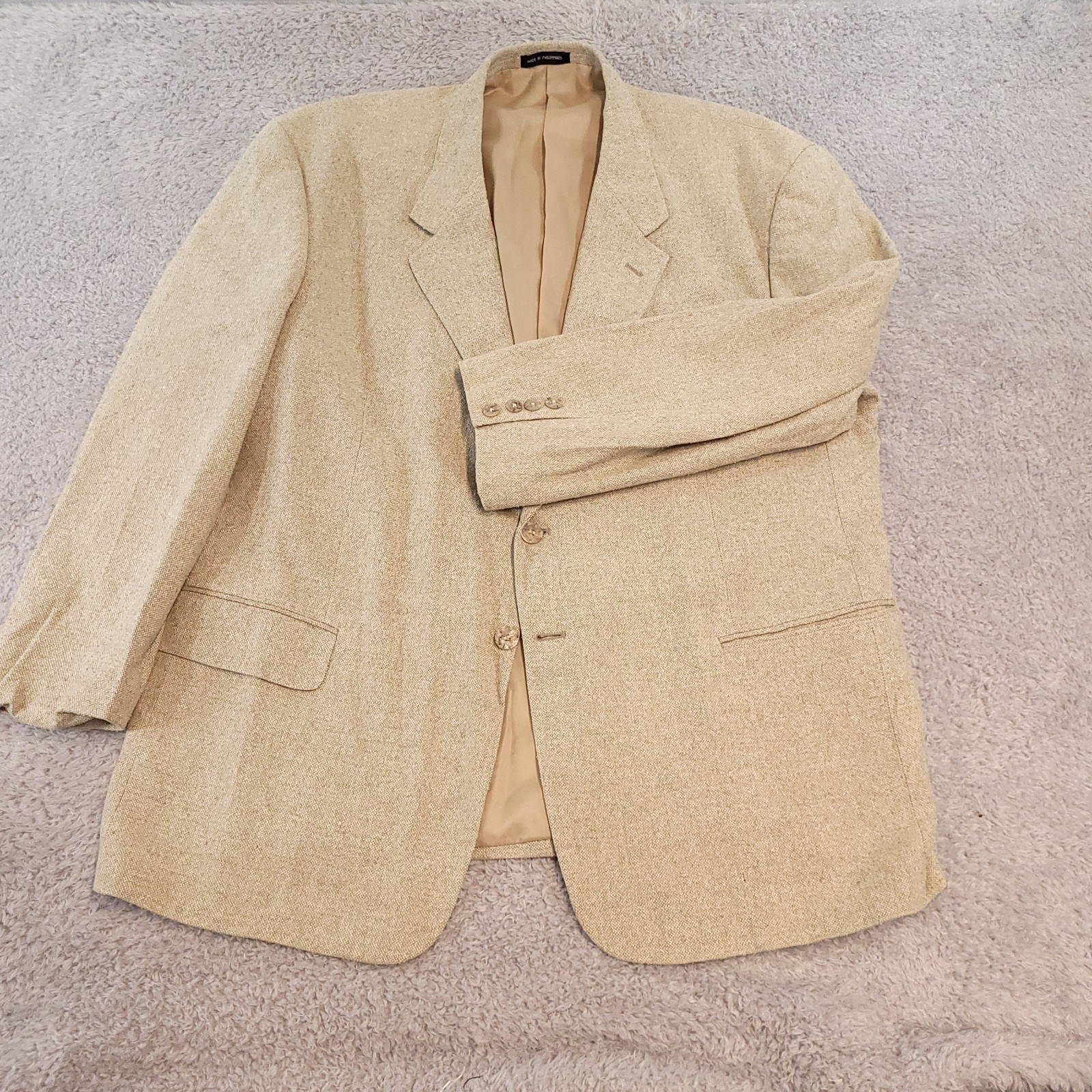 Vintage Deansgate Blazer Mens 48R Beige 100% Silk Textured Weave Sport Coat