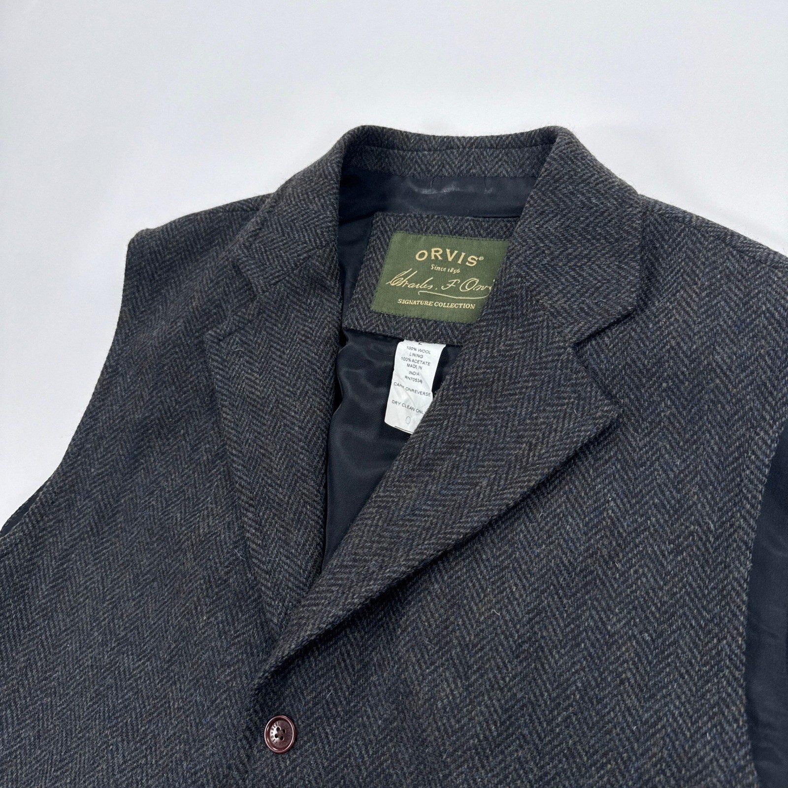 Orvis Vest Mens Large Grey Wool Herringbone Signature Collection Waiscoat