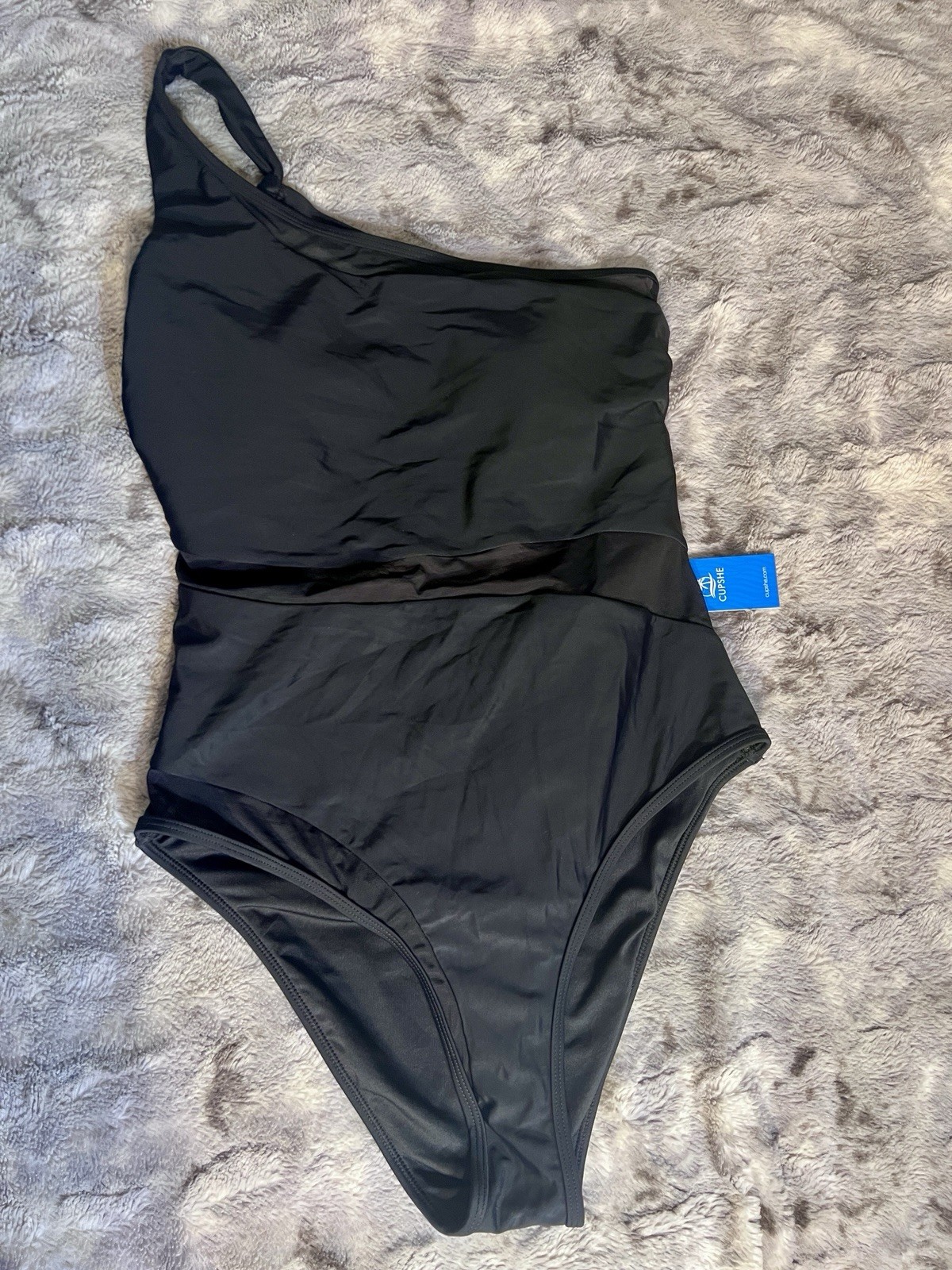 CUPSHE Black Solid One-Shoulder Mesh Cutout Lined One-Piece Swimsuit M C