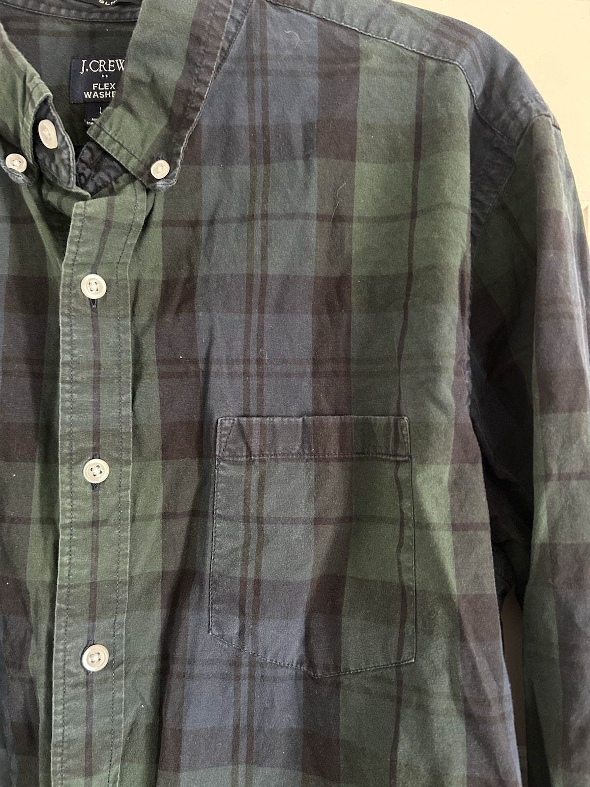 J Crew Factory Navy Green Plaid Flex Washed Slim Fit Button-Down Shirt – Men’s L