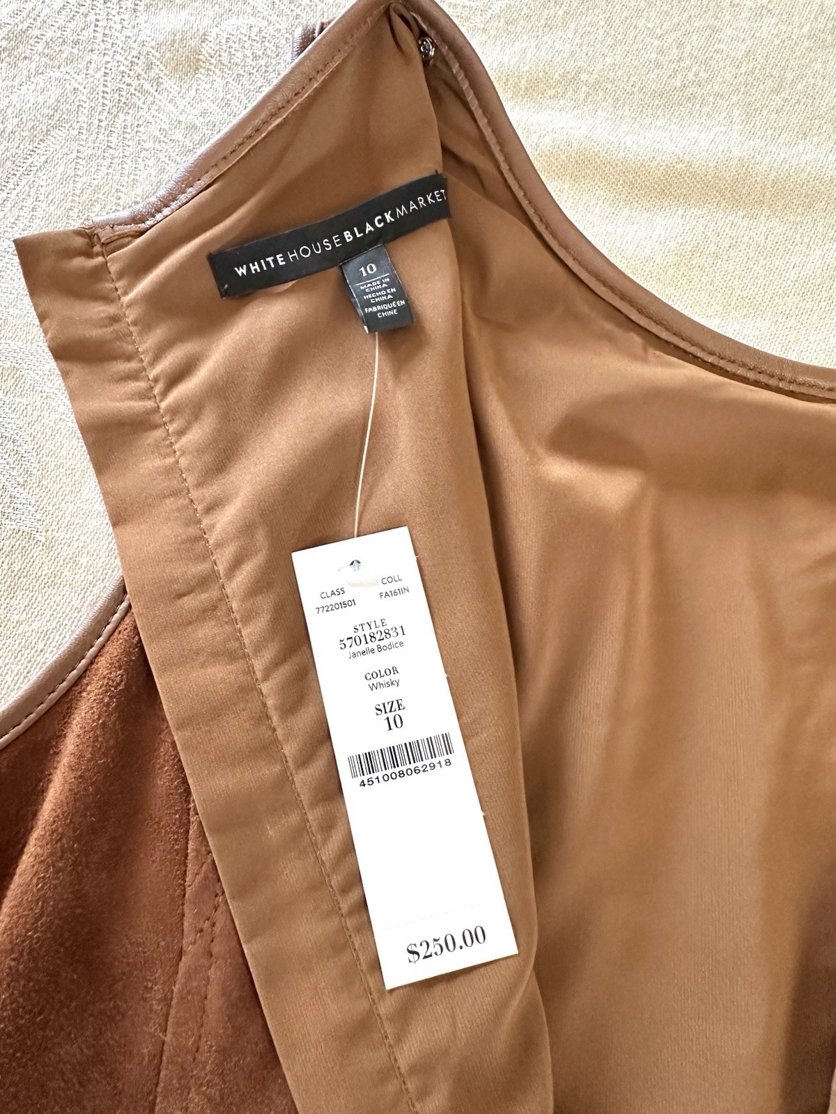 WHBM White House Black Market Genuine Leather Janelle Bodice Top Whiskey 10 NWT