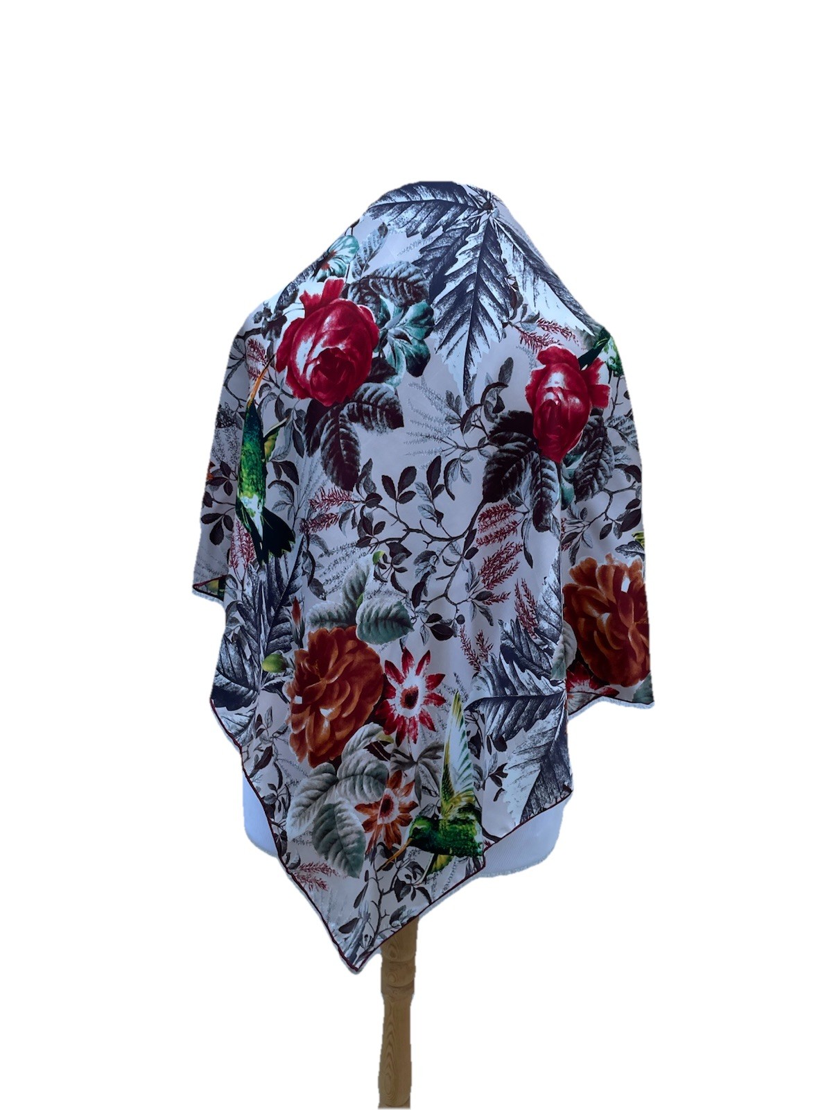 H83# FRAAS Floral Rose Hummingbird Scarf Red Orange Botanical Print Square Wrap