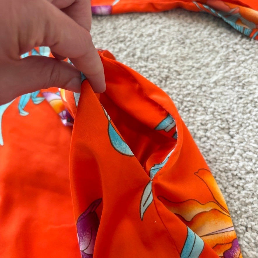 Natori Satin Kimono Caftan Womens XL Orange Floral Tunic Asian Inspired