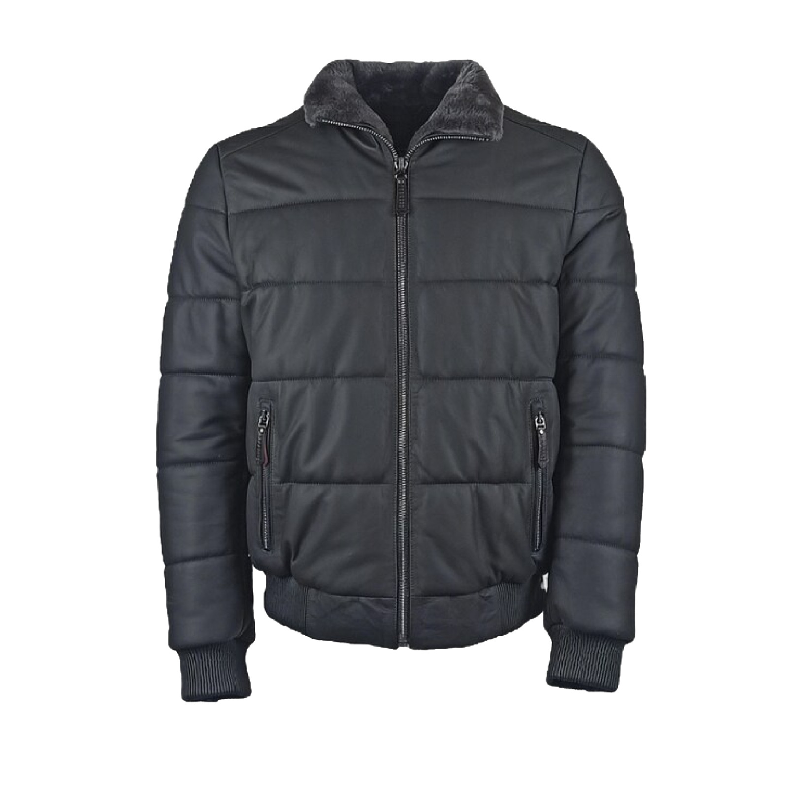 Black Lambskin Leather Puffer Jacket with Sheepskin Fur Collar Gift For Him/ Her