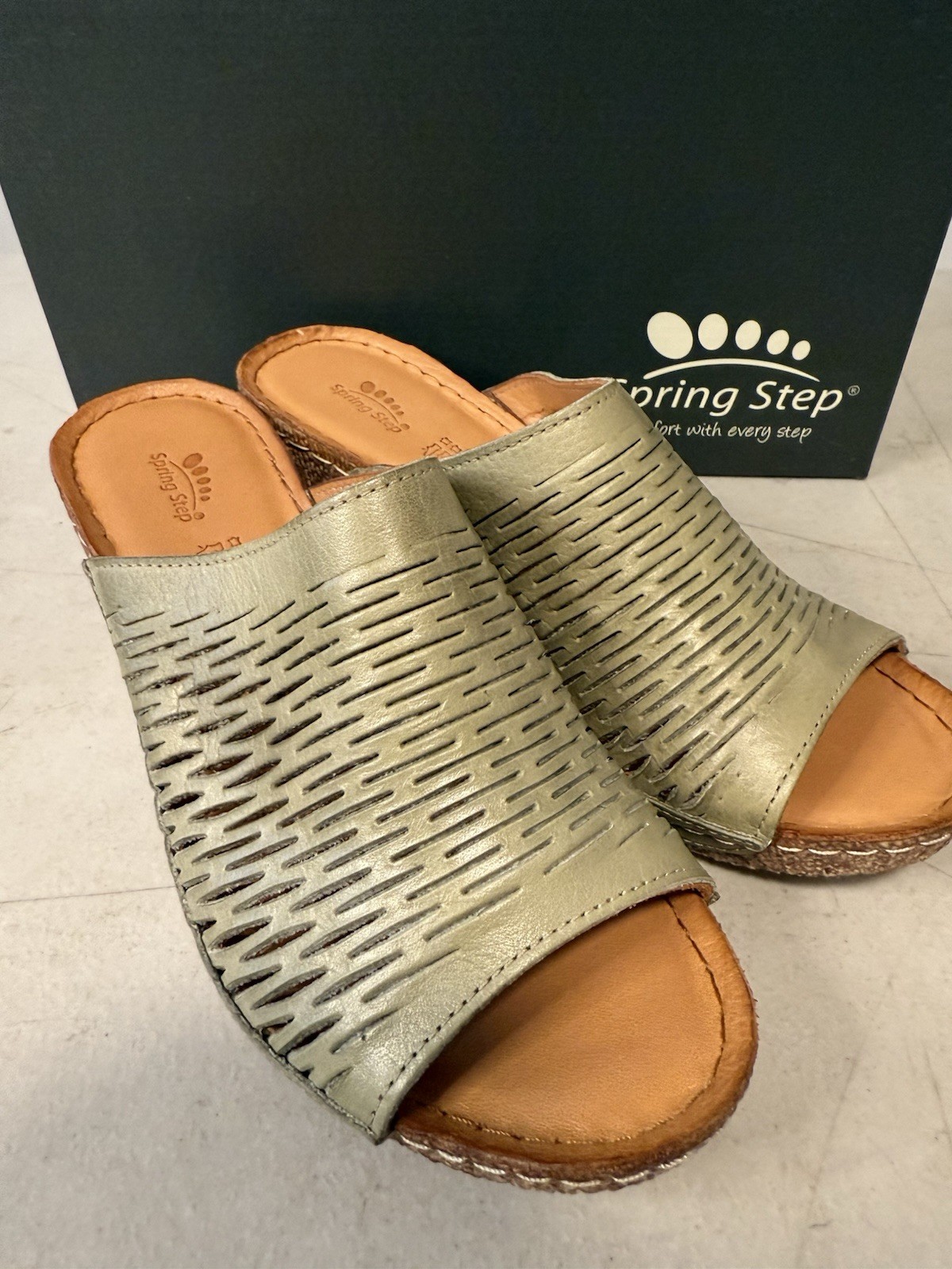 Spring Step Mule Sandals Size EU 38 7.5-8 Cunacena Olive Leather Wedge Heel BOX
