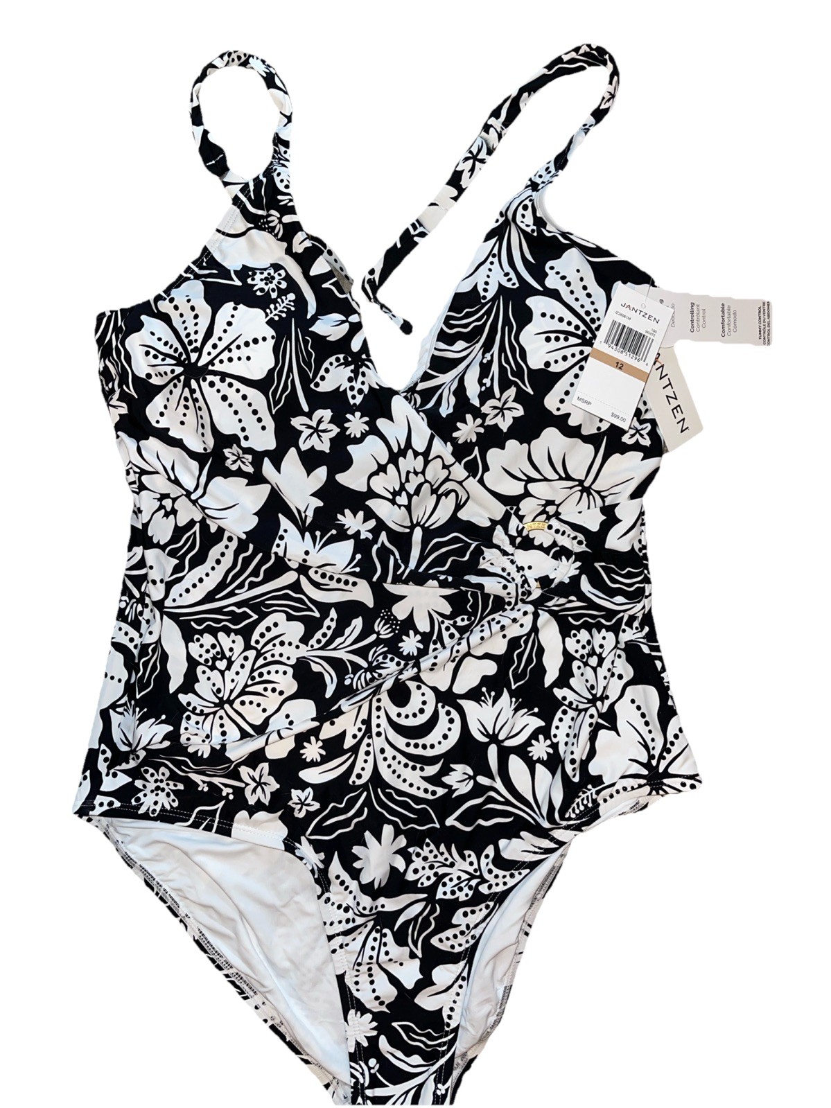 Jantzen Ring Surplice Maillot One- Piece Swimsuit Black And White Floral 12 NWT