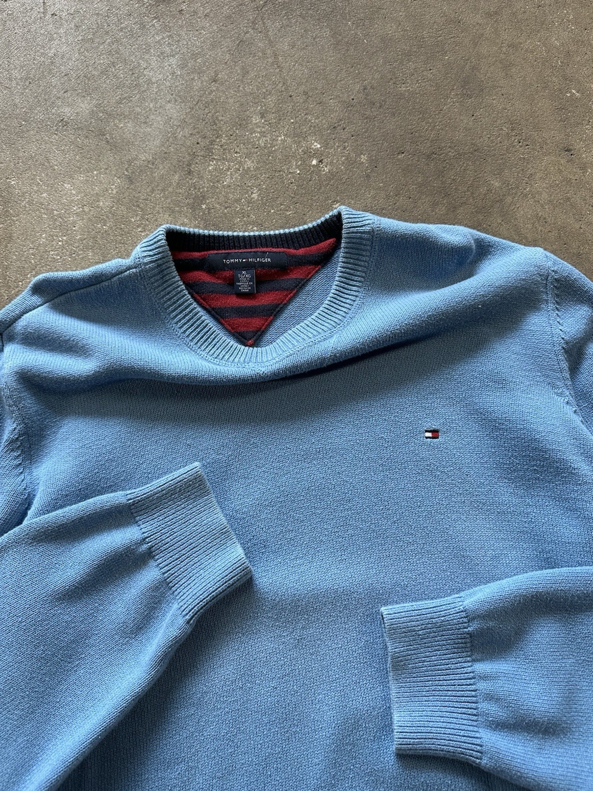 Vintage 90s Tommy Hilfiger Embroidered Logo Knit Sweater Sweatshirt Blue Sz XL