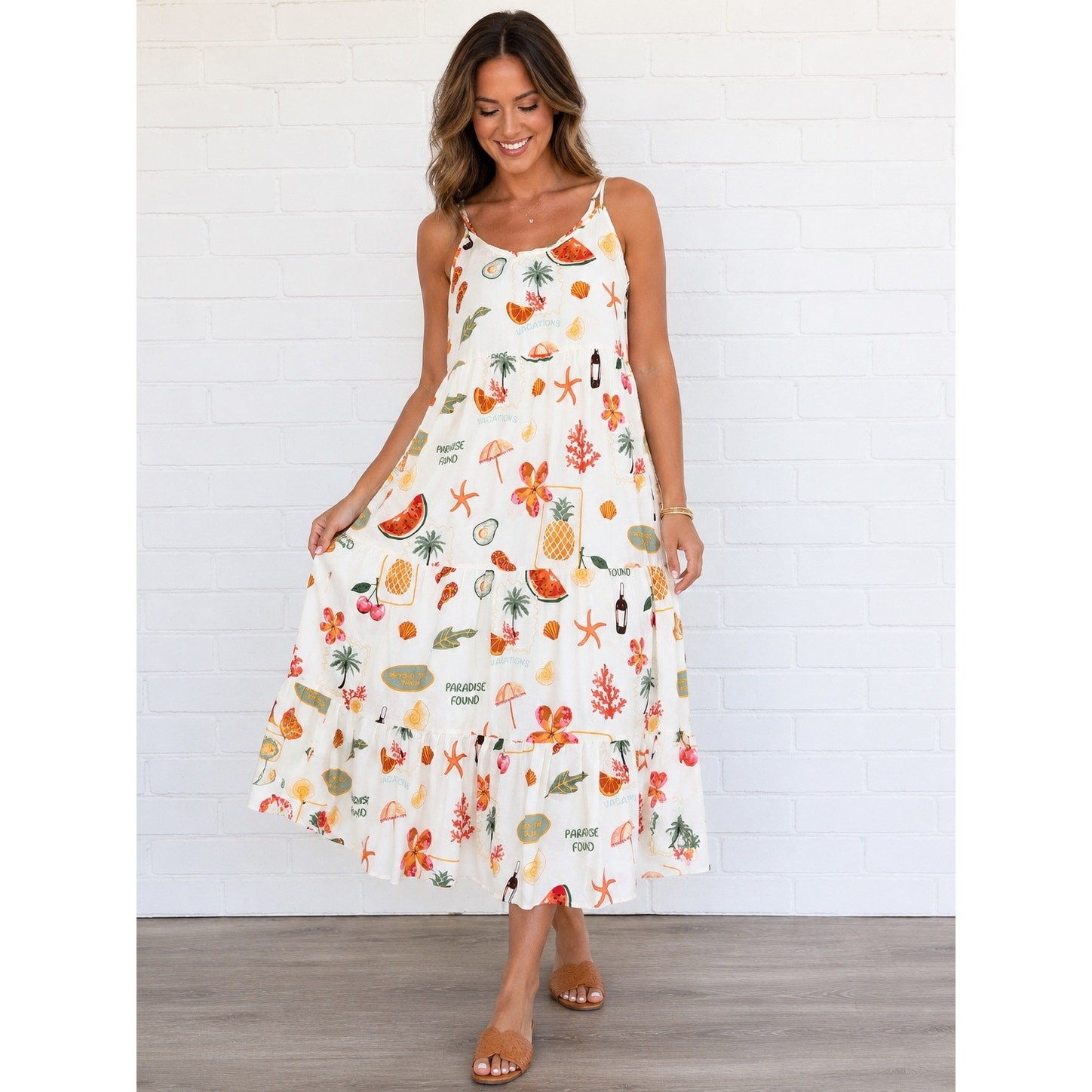 Tropical Vacation Print Tiered Midi Dress Womens L XL Beach Palm Fruit Sundress