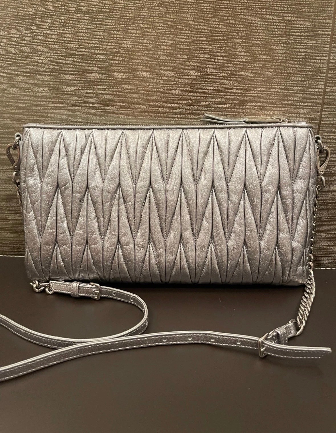 Silver Miu Miu Matelasse Metallic Leather Clutch or Crossbody Bag