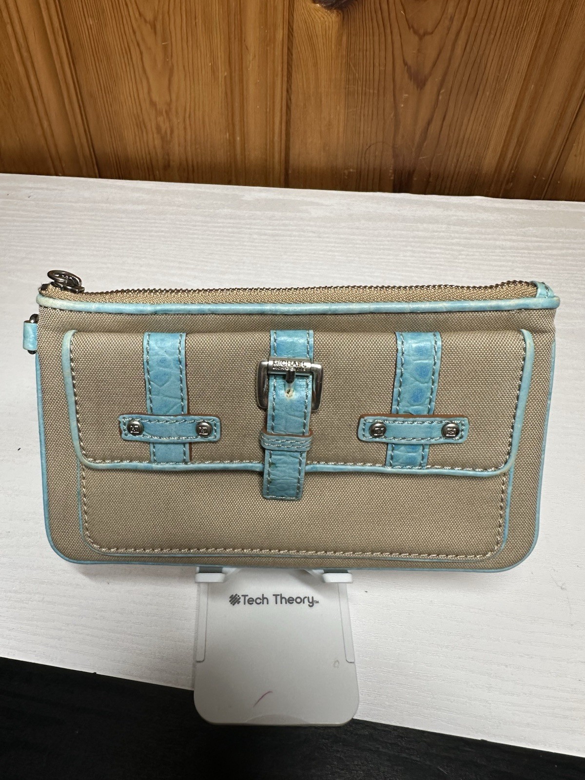 Michael Kors Beige & Light Blue Clutch Buckle Accent, Zipper, Silver Hardware