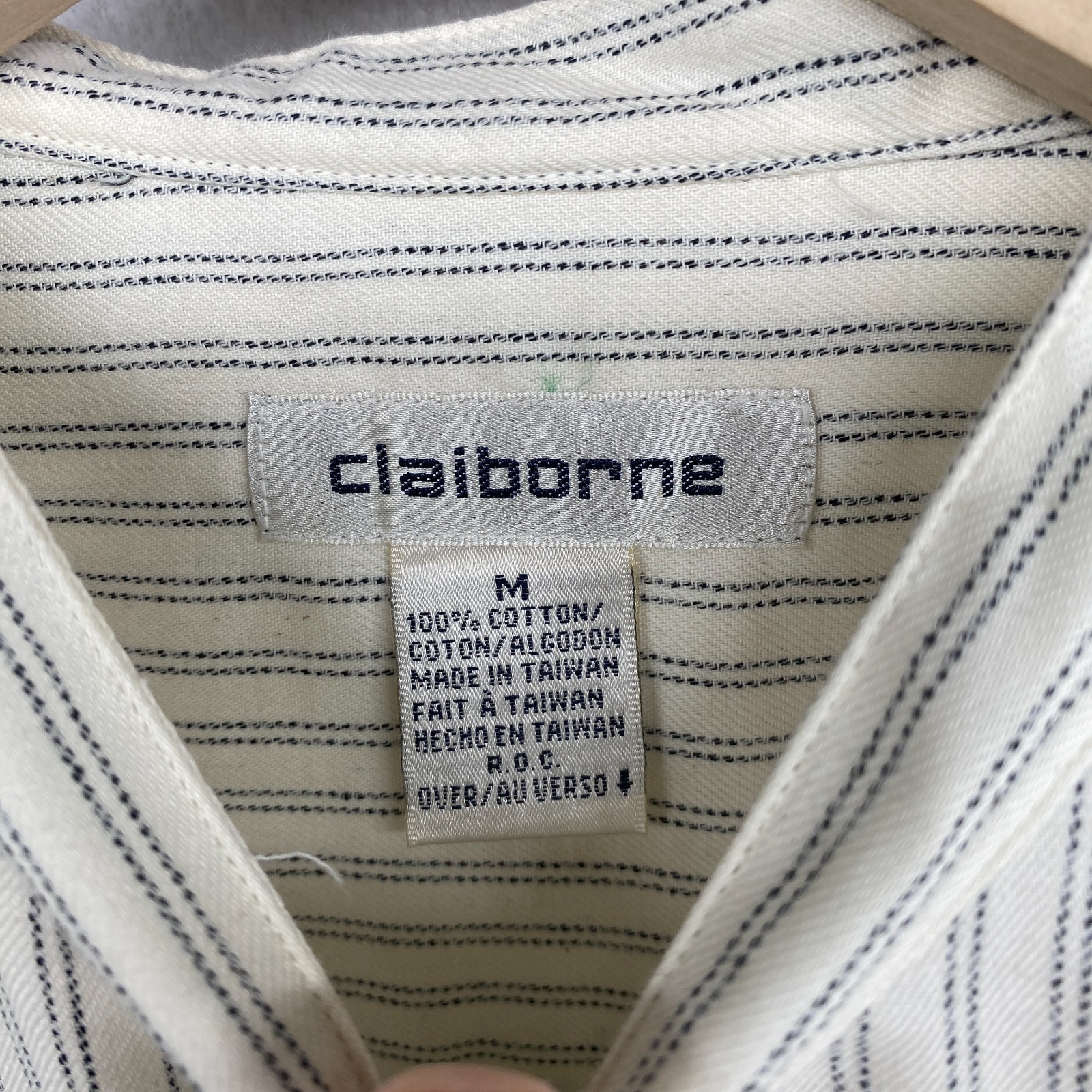 CLAIBORNE Shirt Mens M Striped Band Collar Button Up Long Sleeve Off White VTG