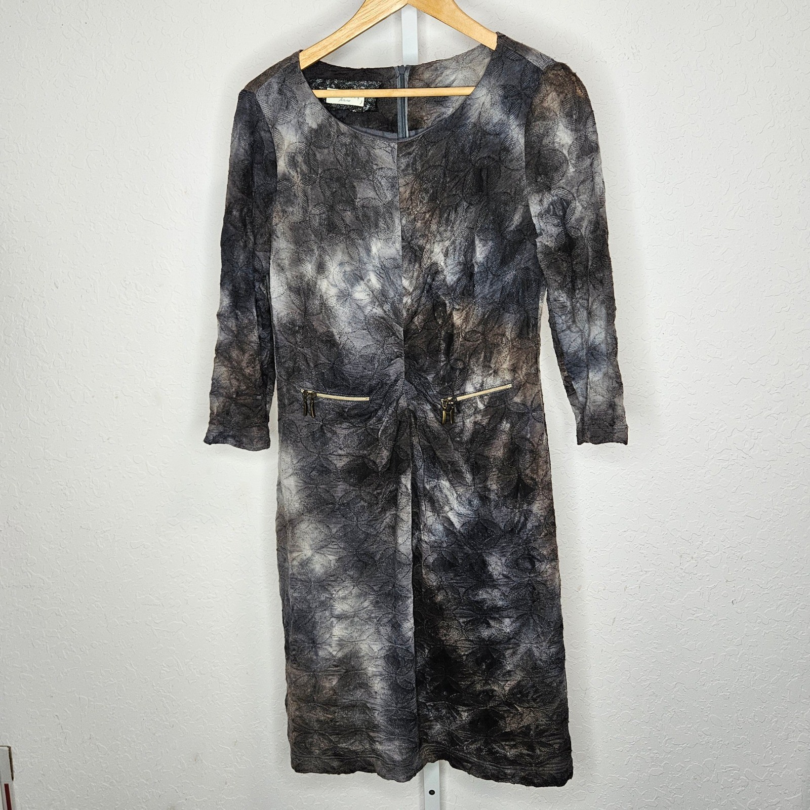 Apanage Femme Wool Blend Tie Dye Floral Textured Sheath Dress Grey M 3/4 Slv