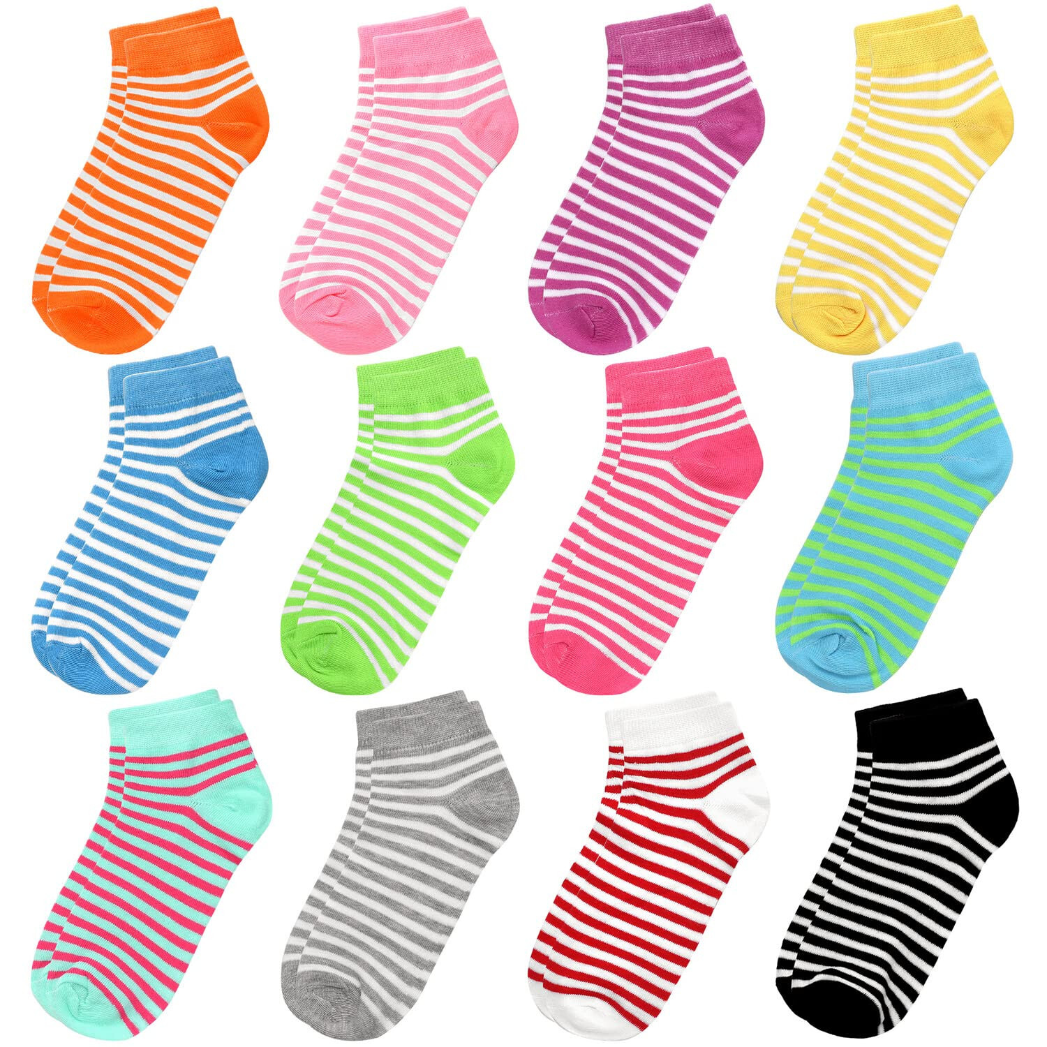 12 Pairs Mini-Striped Assorted Color Women Athletic Sport Ankle Socks 9-11