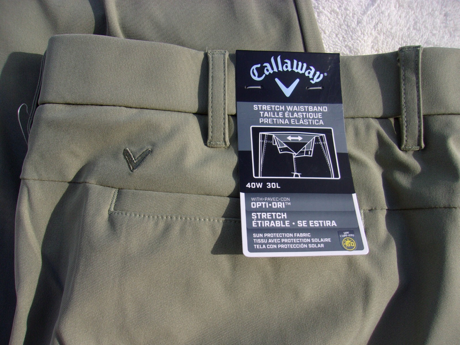 NWT Callaway poly. blend golf pants, men’s 38 x 30, green, or dark khaki, $96