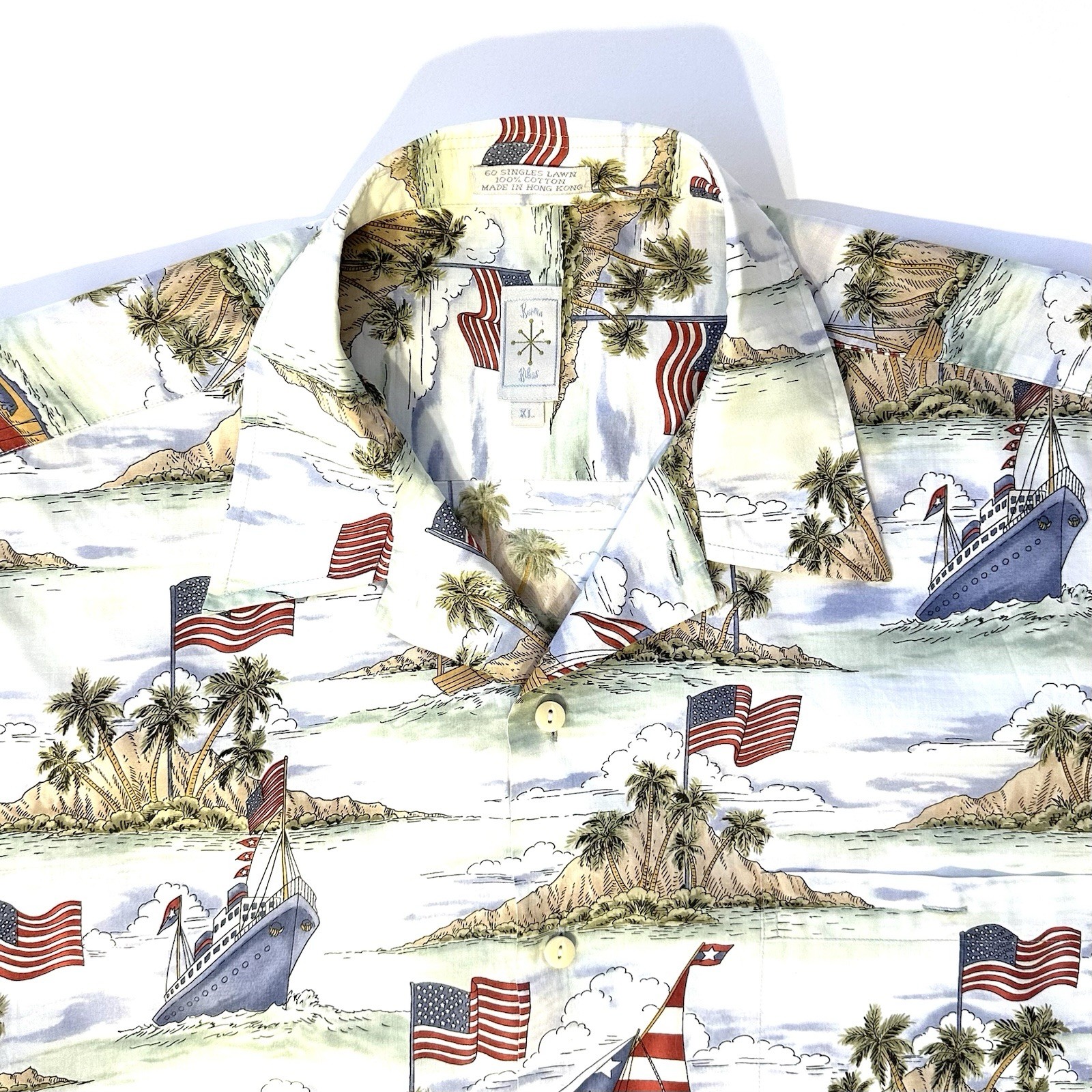 BURMA BIBAS Camp Shirt Mens XL Hawaiian Patriotic Flag Aloha Cruise Cotton