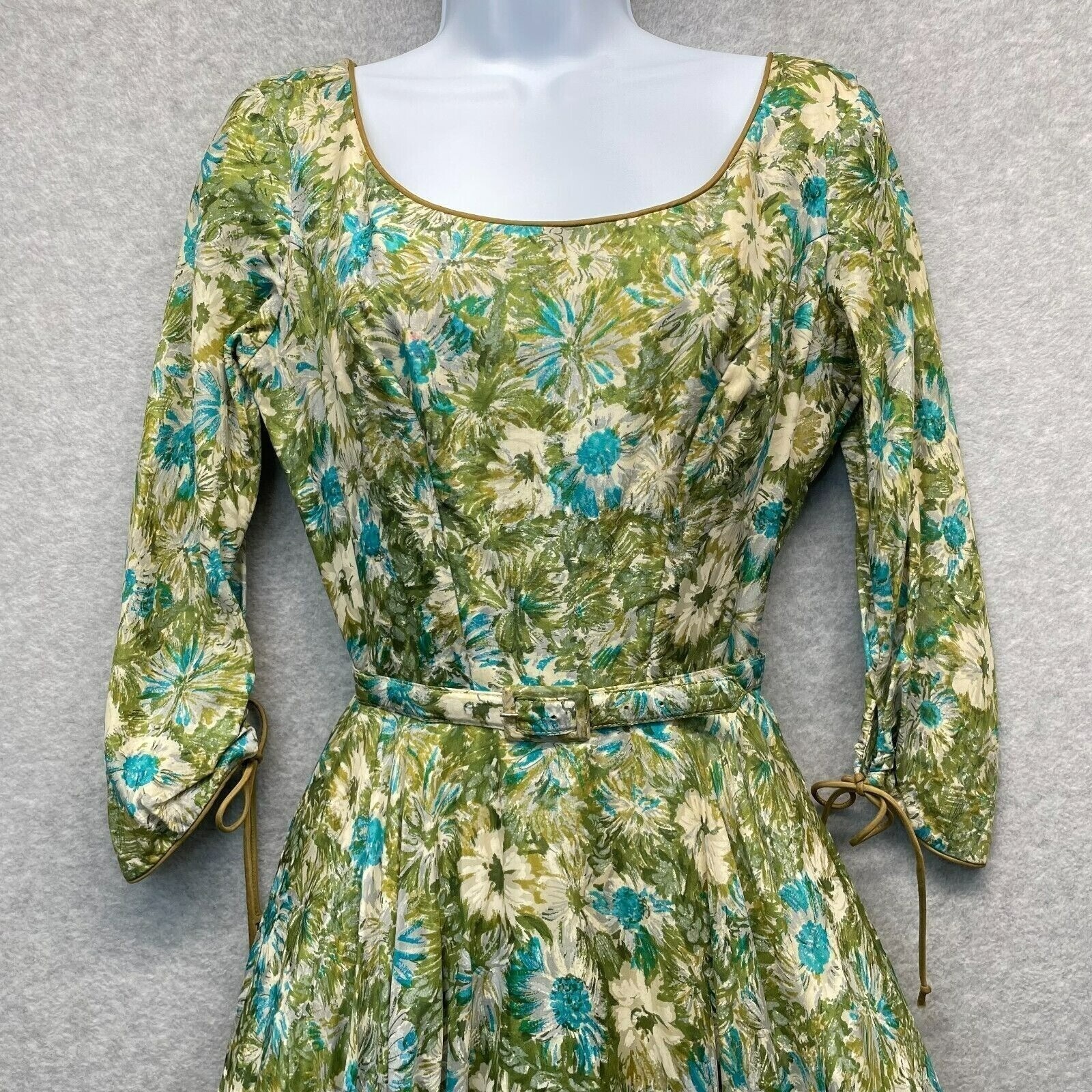 Dance Time by Phyllis Vintage Dress Womens XS/S Green Floral 1950’s Full Sweep