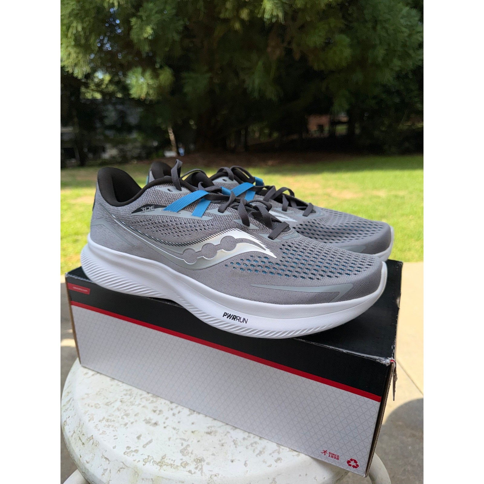 NEW Saucony Ride 15 Men’s 12.5 Running Shoes Gray Blue PWRRUN Road Runner