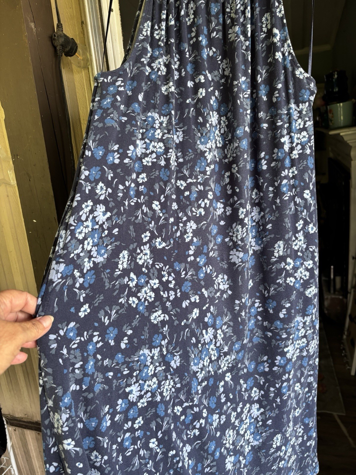 Women’s 00 Short Tank Dress Navy Blue White Floral V-Neck Sleeveless Braided