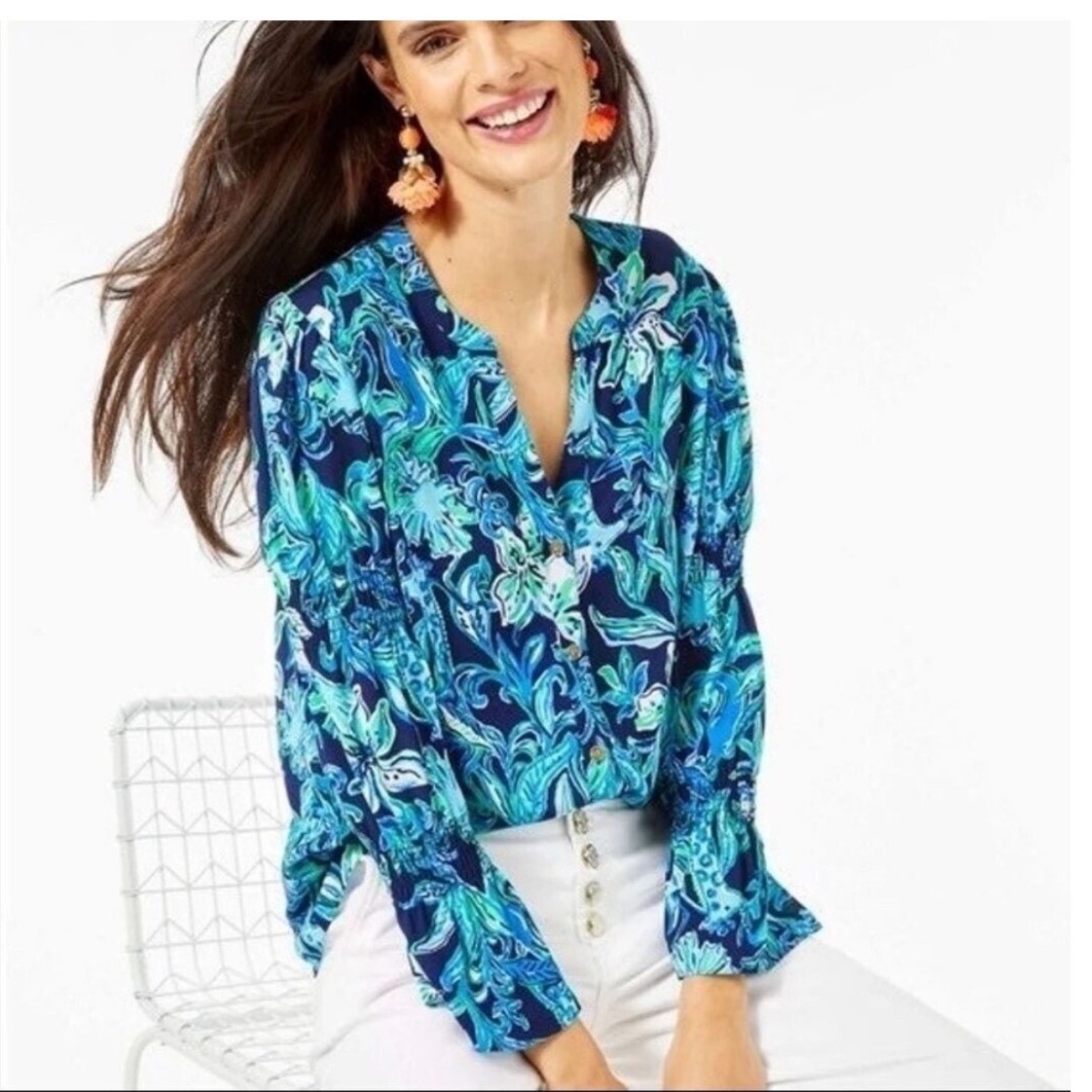 Lilly Pulitzer Maritza Top High Tide Take It or Leaf It Blue Floral Blouse S