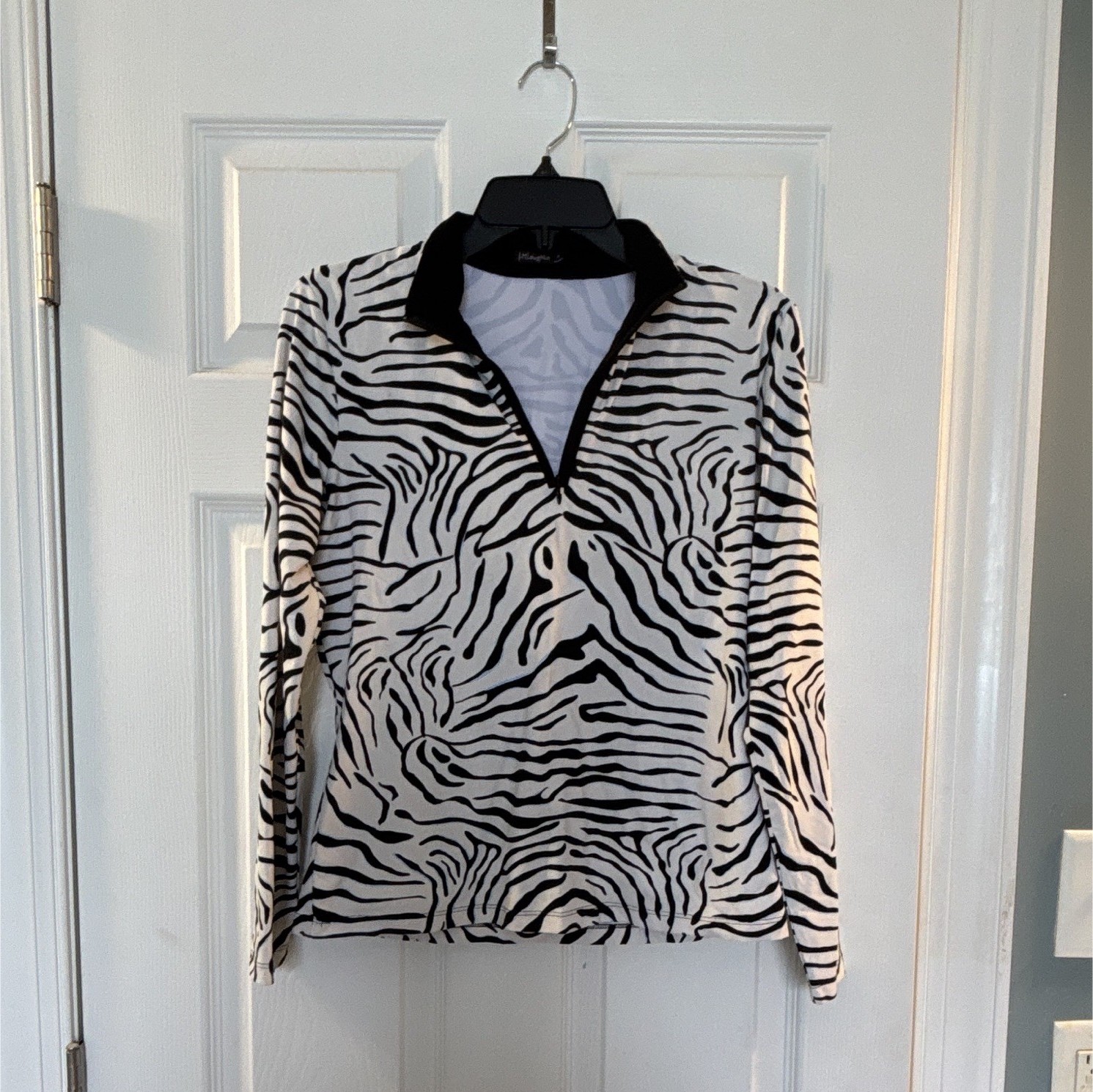 J. McLaughlin Zebra Animal Print Collared Long Sleeve Top M Black White