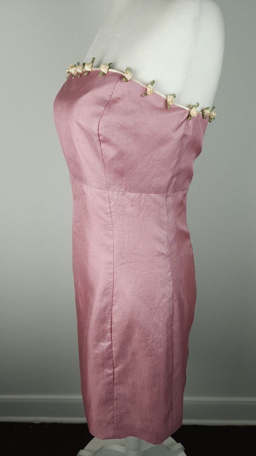 Vintage 90s Pink Silk Satin Rosebud Dress Strapless Ivory Ribbons Homemade ~M