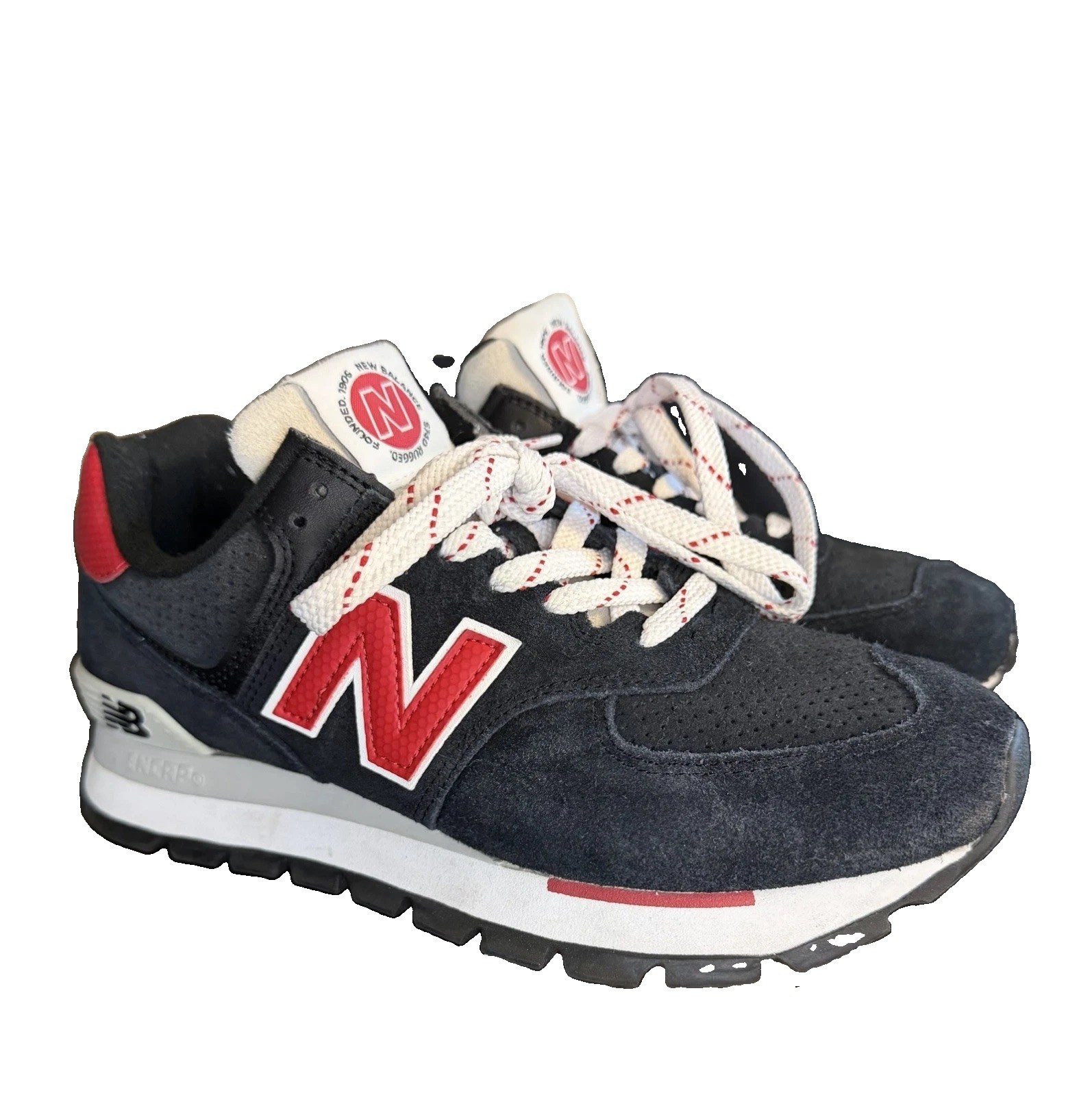 New Balance 574 Rugged ML574DSG Black Red Suede Sneakers Worn Once w/ Box