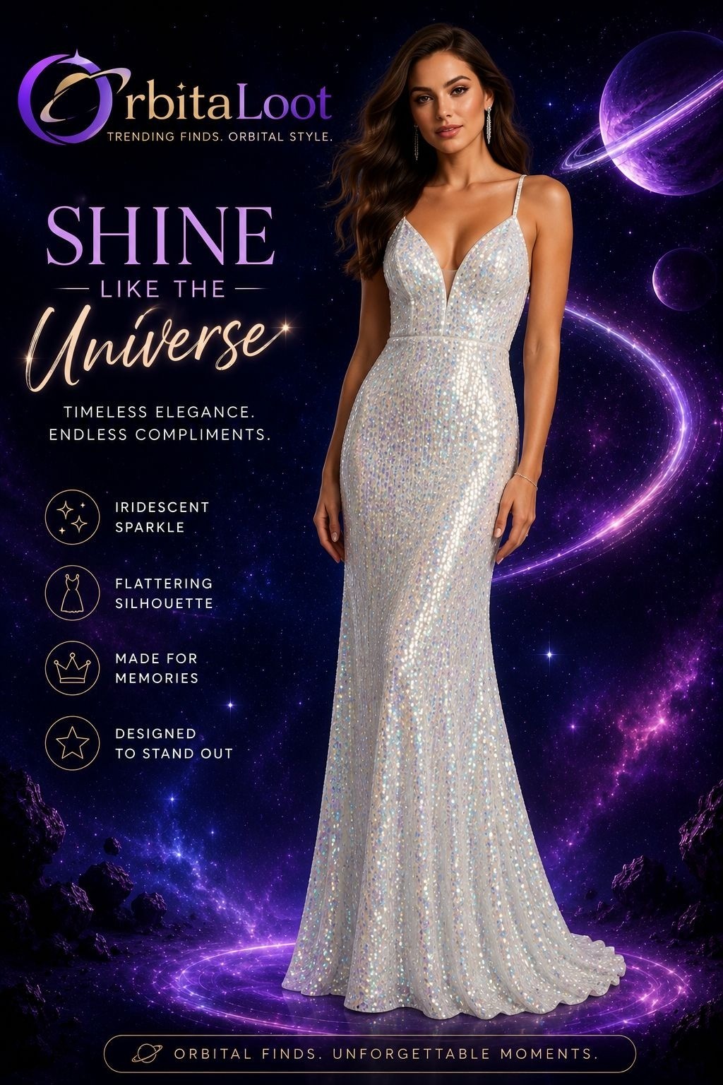Morgan & Co. Sz 9 White Iridescent Sequin Formal Prom Maxi Dress MSRP $198