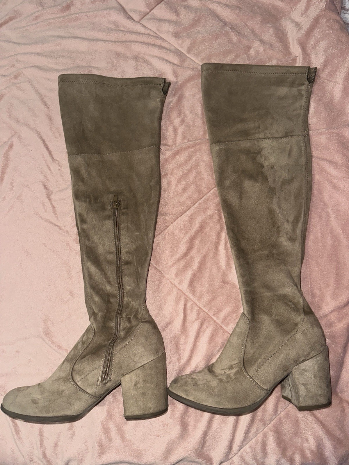 a.n.a Taupe Suede Knee High Zip Riding Boots Block Heel Round Toe US 7