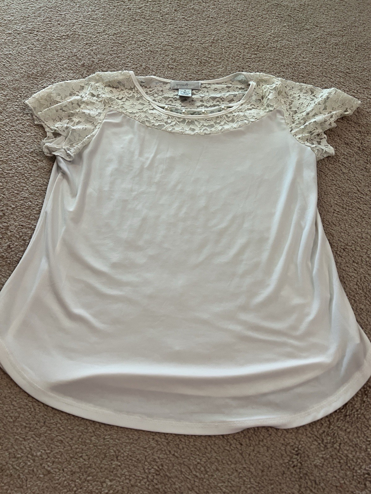 Emma & Olivia Women’s Ivory Beaded Short Sleeve Top With Lace Size M