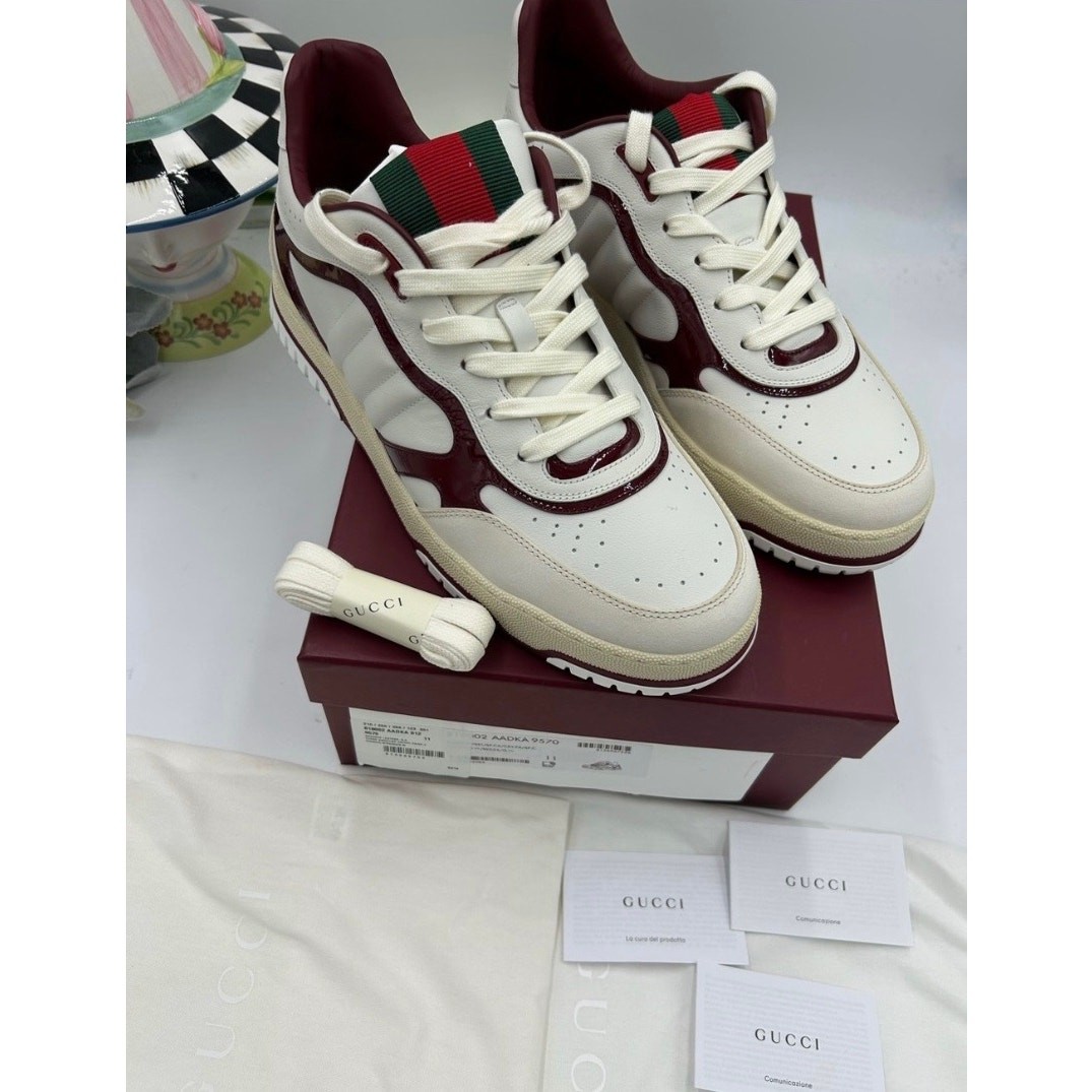 Men’s Gucci re-web sneakers in white leather and patent trim sz 11 fits 11.5 US
