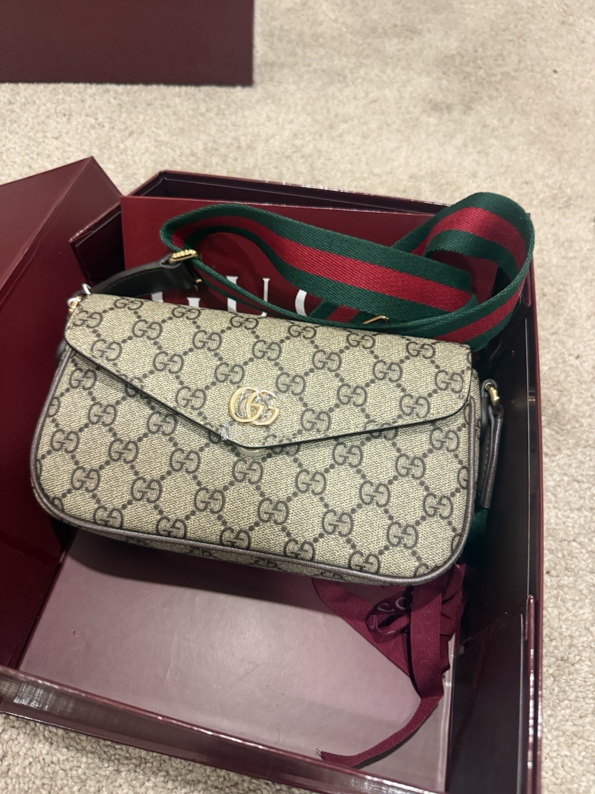 Gucci GG Pattern Small Crossbody Green/Red Web Strap Gold Hardware w/ Box