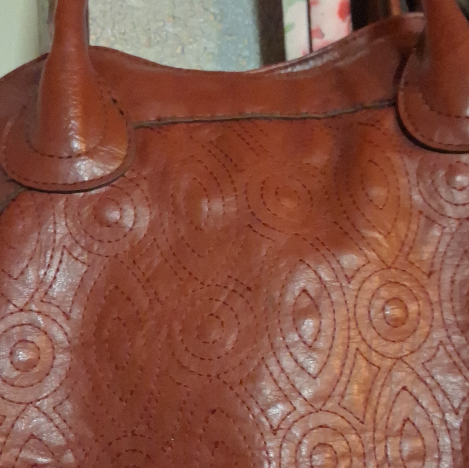 Axcess Brown Geometric Tote Bag Double Handles Snap Closure Gold Hardware Lined