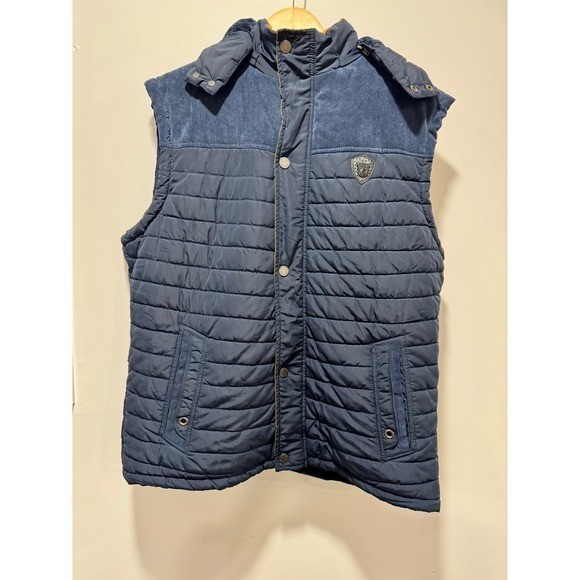 Platini Mens Quilted Puffer Vest Navy Blue Corduroy Trim Faux Fur Hooded 3X