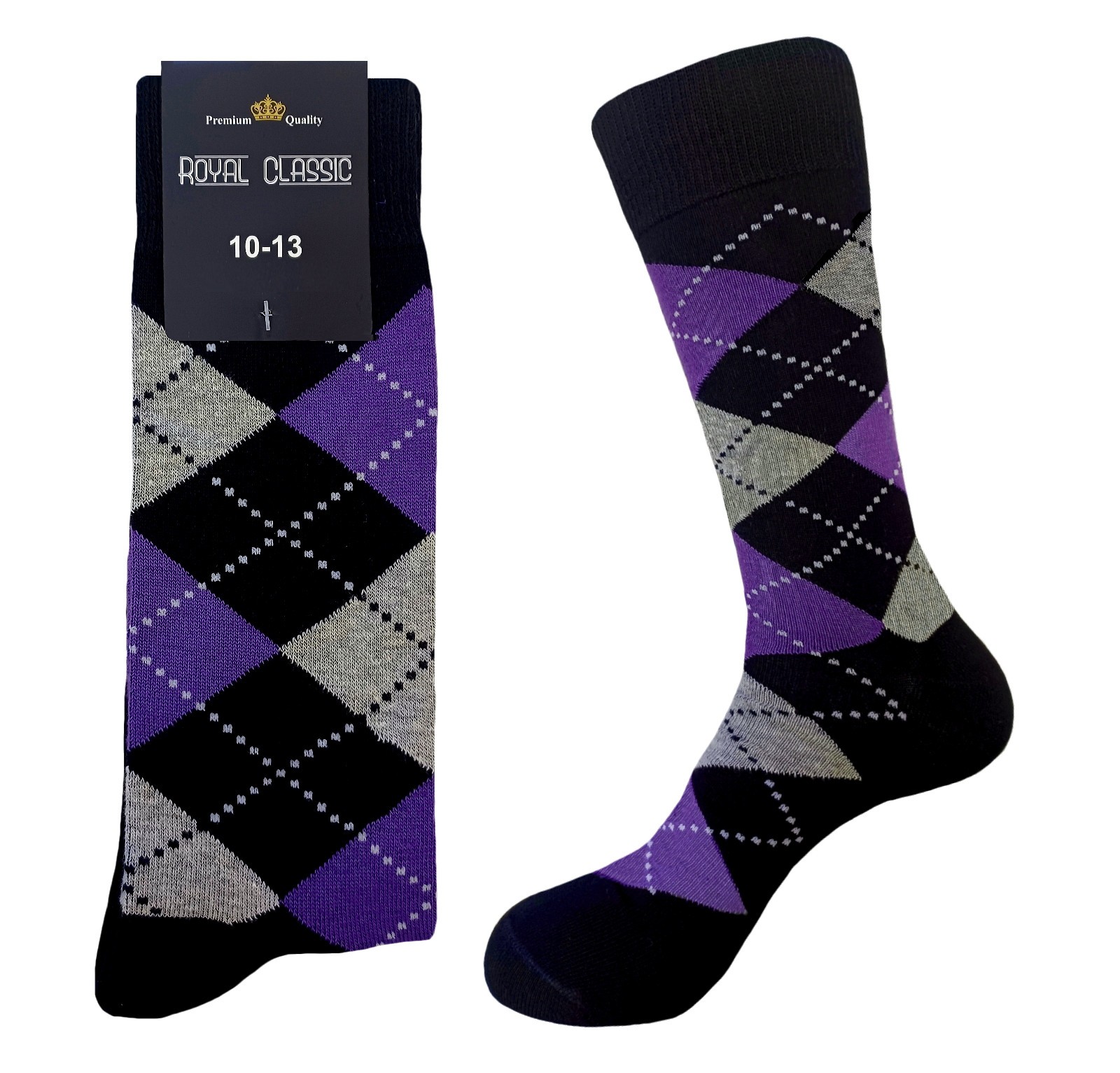 1-3-6-12 PAIR DRESS SOCKS BLACK PURPLE BLACK DIAMOND ARGYLE COTTON SOCKS 10-13