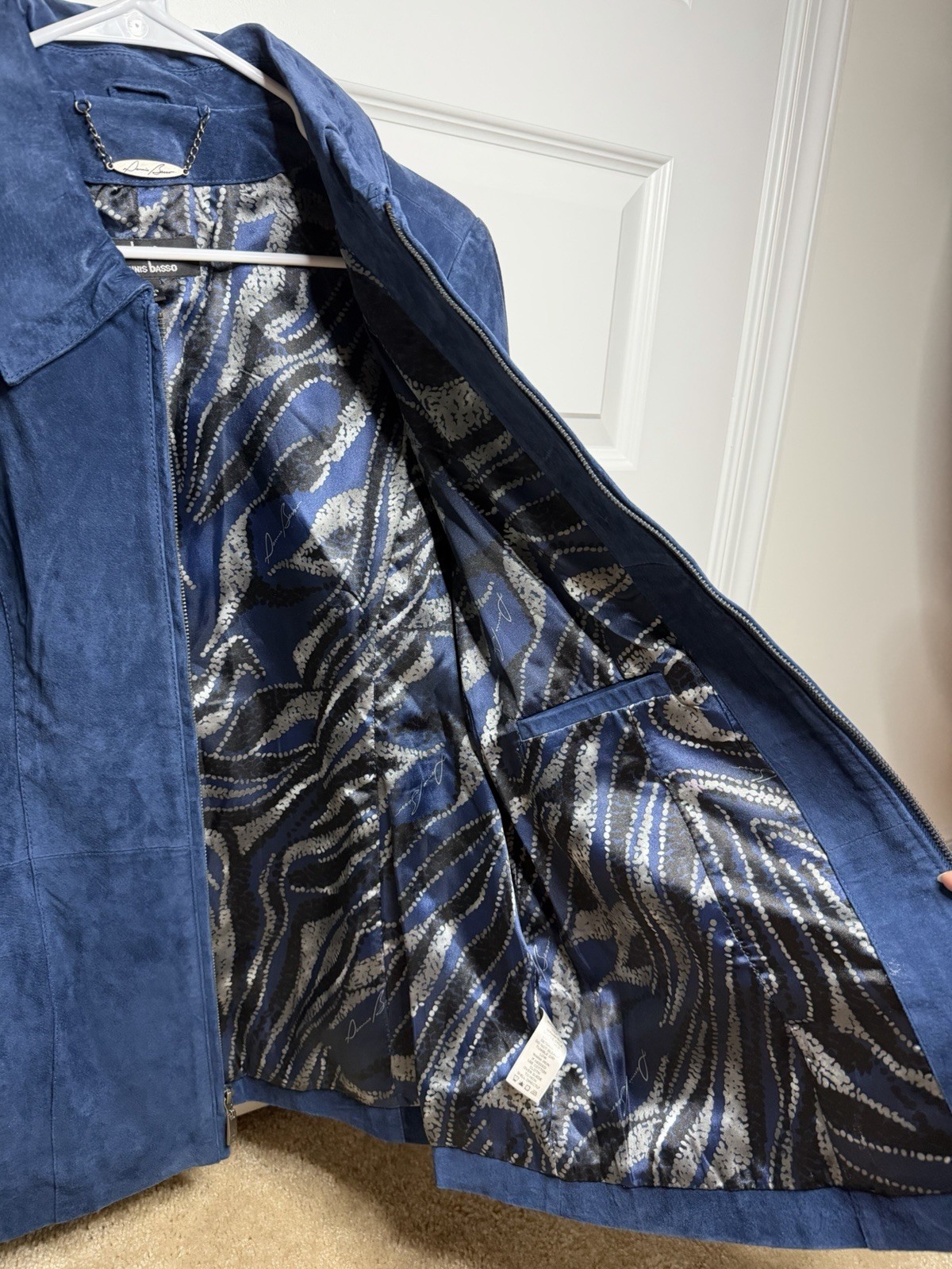 Dennis Basso Blue Suede Leather Jacket Womens Large Genuine Leather Coat