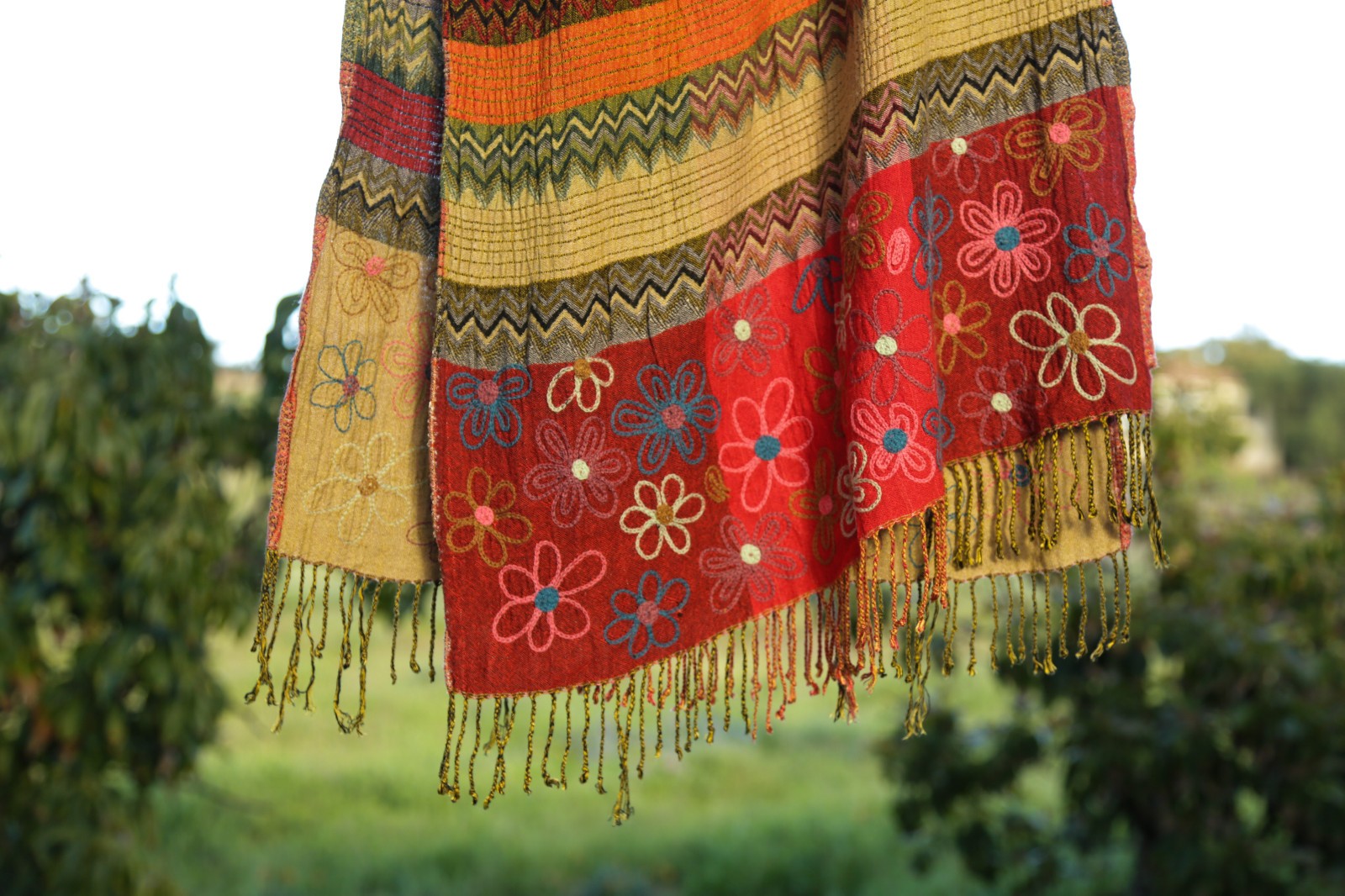 Y2K DIMRI Floral Striped Summer Scarf Wrap Soft Rayon Rectangle Red Multicolor