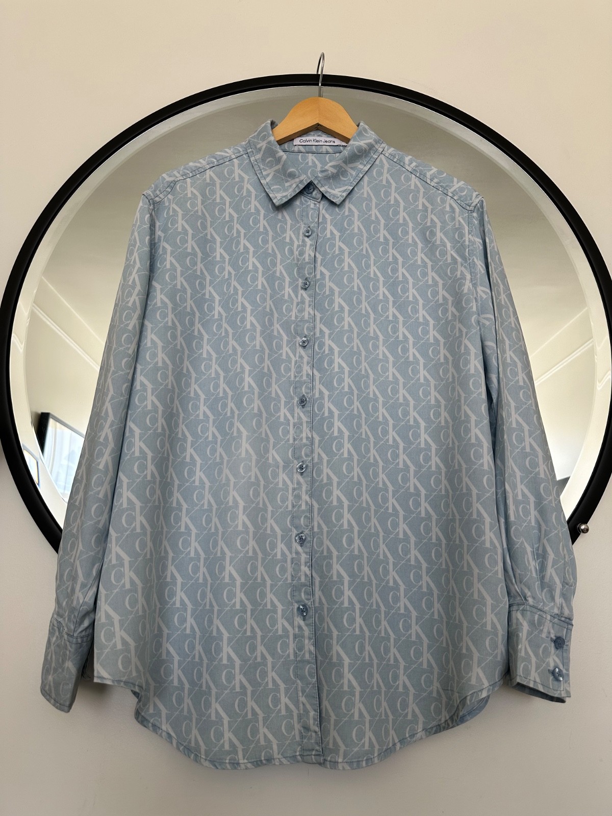 Calvin Klein Jeans cK Monogram Logo All Over Print Blue Lyocell Shirt Size M