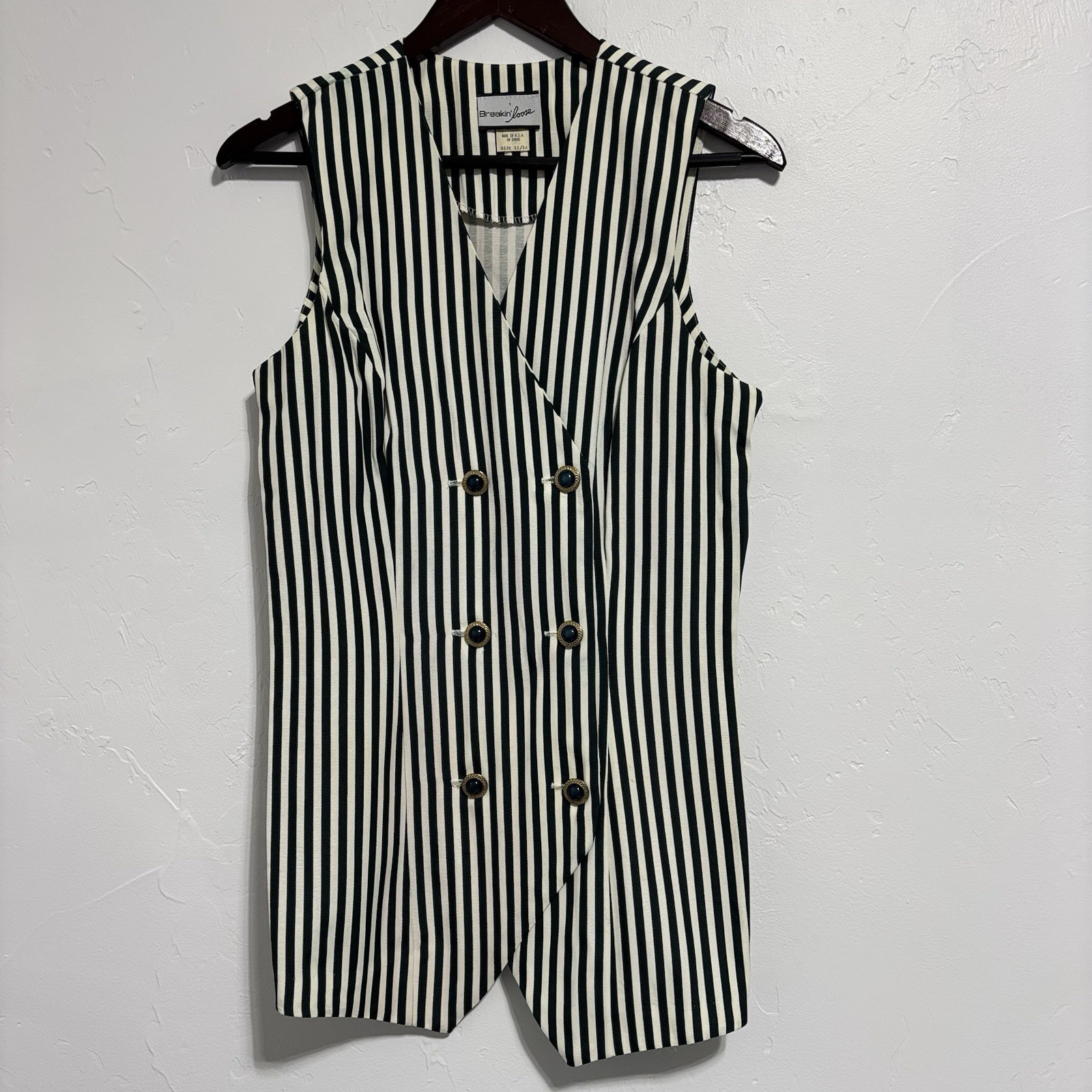 Breakin’ Loose Vintage Women’s Green White Striped Vest USA 11/12 Button